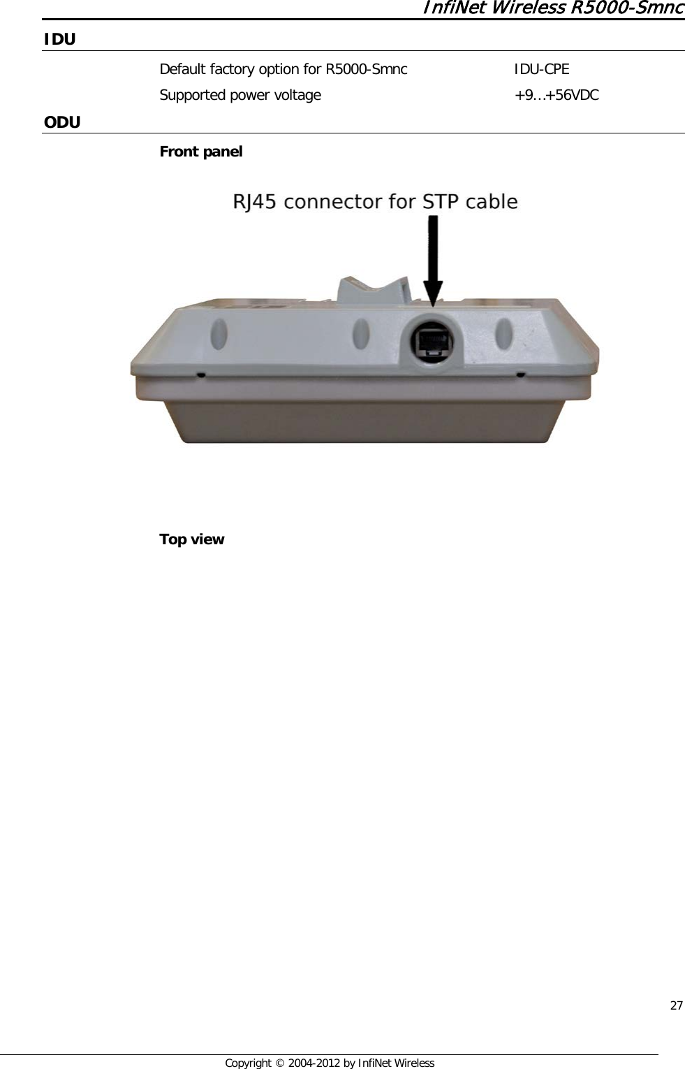  27     Copyright © 2004-2012 by InfiNet Wireless InfiNet Wireless R5000-Smnc IDU Default factory option for R5000-Smnc               IDU-CPE Supported power voltage                        +9…+56VDC ODU Front panel     Top view 