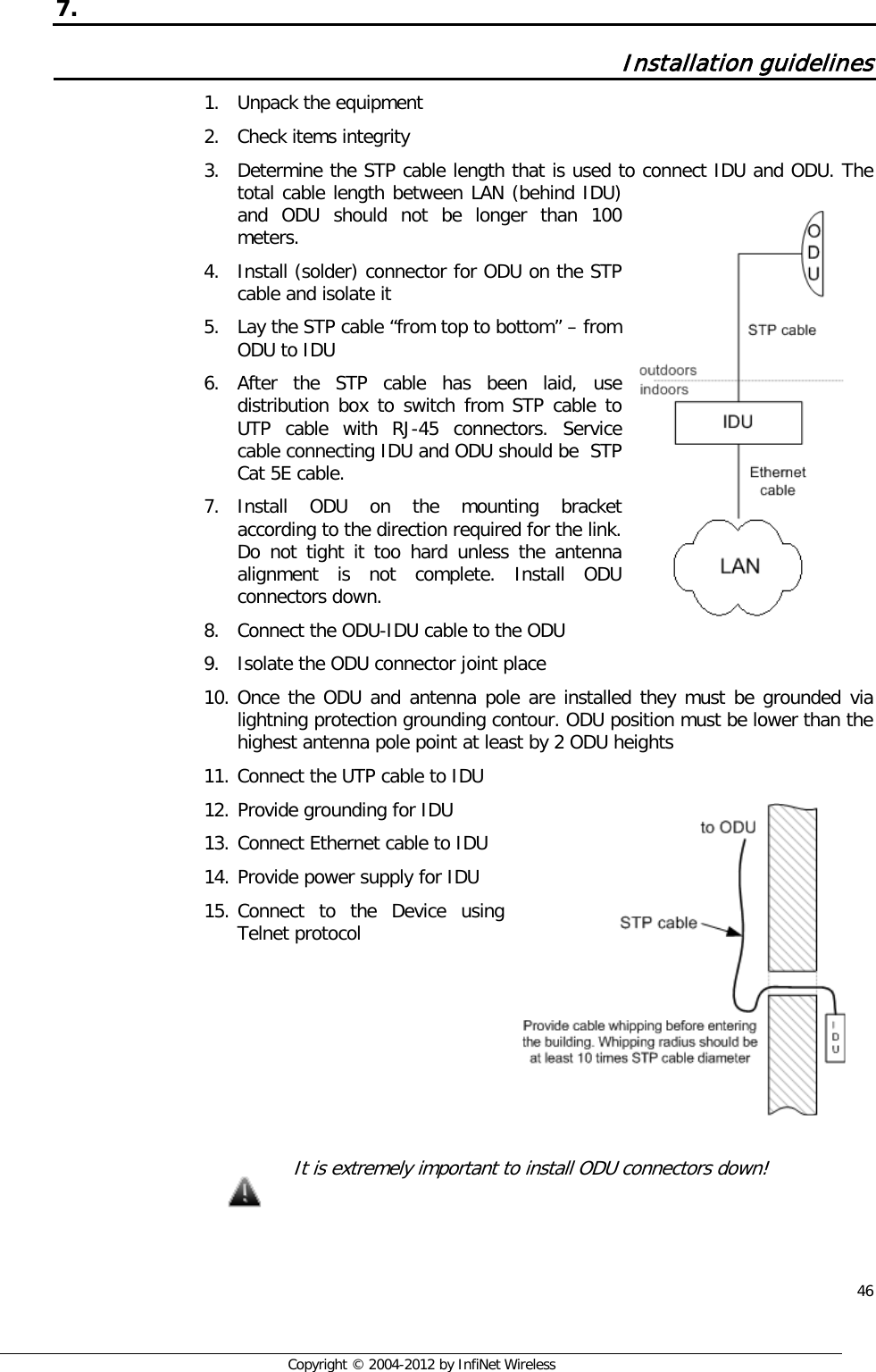  46     Copyright © 2004-2012 by InfiNet Wireless 7.  Installation guidelines 1. Unpack the equipment 2. Check items integrity 3. Determine the STP cable length that is used to connect IDU and ODU. The total cable length between LAN (behind IDU) and ODU should not be longer than 100 meters. 4. Install (solder) connector for ODU on the STP cable and isolate it 5. Lay the STP cable “from top to bottom” – from ODU to IDU 6. After the STP cable has been laid, use distribution box to switch from STP cable to UTP cable with RJ-45 connectors. Service cable connecting IDU and ODU should be  STP Cat 5E cable. 7. Install ODU on the mounting bracket according to the direction required for the link. Do not tight it too hard unless the antenna alignment is not complete. Install ODU connectors down. 8. Connect the ODU-IDU cable to the ODU 9. Isolate the ODU connector joint place 10. Once the ODU and antenna pole are installed they must be grounded via lightning protection grounding contour. ODU position must be lower than the highest antenna pole point at least by 2 ODU heights 11. Connect the UTP cable to IDU 12. Provide grounding for IDU 13. Connect Ethernet cable to IDU 14. Provide power supply for IDU 15. Connect to the Device using Telnet protocol        It is extremely important to install ODU connectors down!              