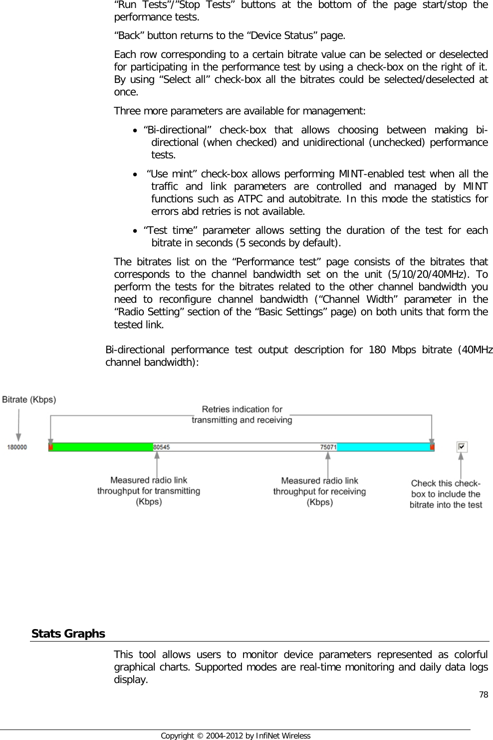  78     Copyright © 2004-2012 by InfiNet Wireless   “Run Tests”/”Stop Tests” buttons at the bottom of the page start/stop the performance tests. “Back” button returns to the “Device Status” page. Each row corresponding to a certain bitrate value can be selected or deselected for participating in the performance test by using a check-box on the right of it. By using “Select all” check-box all the bitrates could be selected/deselected at once. Three more parameters are available for management:  • “Bi-directional” check-box that allows choosing between making bi-directional (when checked) and unidirectional (unchecked) performance tests.  •  “Use mint” check-box allows performing MINT-enabled test when all the traffic and link parameters are controlled and managed by MINT functions such as ATPC and autobitrate. In this mode the statistics for errors abd retries is not available. • “Test time” parameter allows setting the duration of the test for each bitrate in seconds (5 seconds by default).  The bitrates list on the “Performance test” page consists of the bitrates that corresponds to the channel bandwidth set on the unit (5/10/20/40MHz). To perform the tests for the bitrates related to the other channel bandwidth you need to reconfigure channel bandwidth (“Channel Width” parameter in the “Radio Setting” section of the “Basic Settings” page) on both units that form the tested link.      Stats Graphs This tool allows users to monitor device parameters represented as colorful graphical charts. Supported modes are real-time monitoring and daily data logs display. Bi-directional performance test output description for 180 Mbps bitrate (40MHz channel bandwidth):      