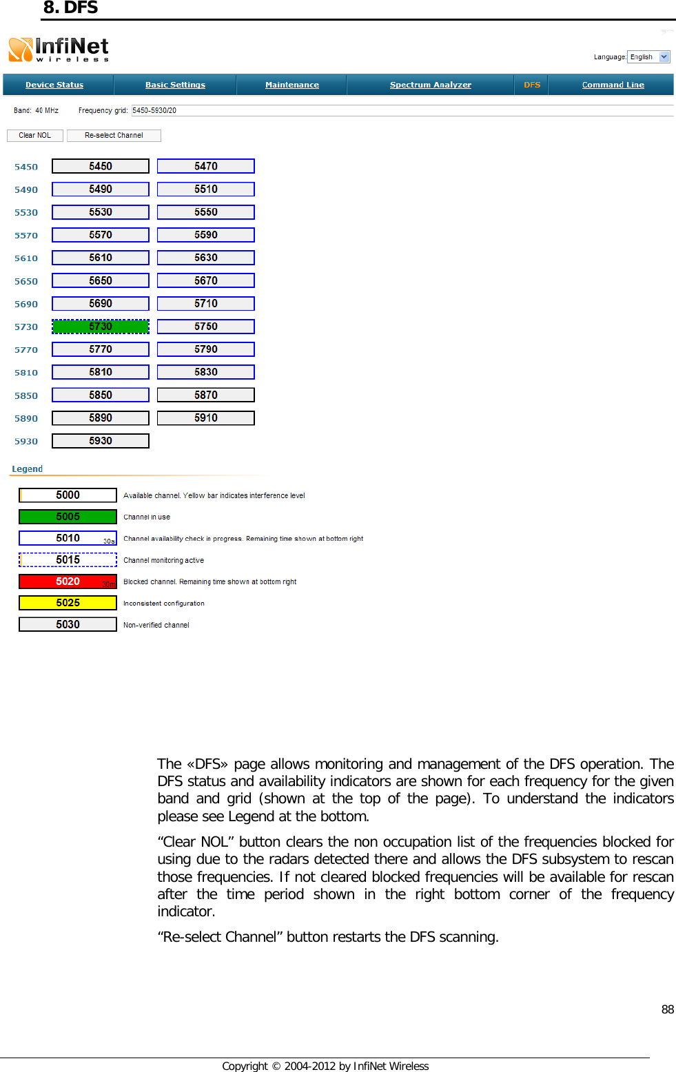  88     Copyright © 2004-2012 by InfiNet Wireless 8. DFS     The «DFS» page allows monitoring and management of the DFS operation. The DFS status and availability indicators are shown for each frequency for the given band and grid (shown at the top of the page). To understand the indicators please see Legend at the bottom. “Clear NOL” button clears the non occupation list of the frequencies blocked for using due to the radars detected there and allows the DFS subsystem to rescan those frequencies. If not cleared blocked frequencies will be available for rescan after the time period shown in the right bottom corner of the frequency indicator. “Re-select Channel” button restarts the DFS scanning. 