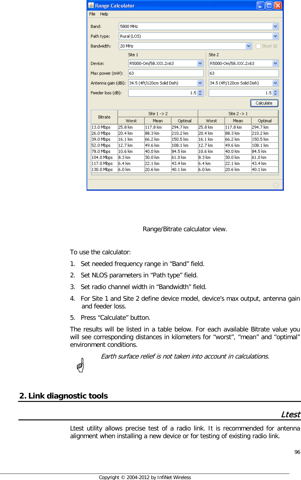  96     Copyright © 2004-2012 by InfiNet Wireless     Range/Bitrate calculator view.  To use the calculator: 1. Set needed frequency range in “Band” field. 2. Set NLOS parameters in “Path type” field. 3. Set radio channel width in “Bandwidth” field. 4. For Site 1 and Site 2 define device model, device’s max output, antenna gain and feeder loss. 5. Press “Calculate” button. The results will be listed in a table below. For each available Bitrate value you will see corresponding distances in kilometers for “worst”, “mean” and “optimal” environment conditions.  Earth surface relief is not taken into account in calculations.    2. Link diagnostic tools Ltest Ltest utility allows precise test of a radio link. It is recommended for antenna alignment when installing a new device or for testing of existing radio link.     