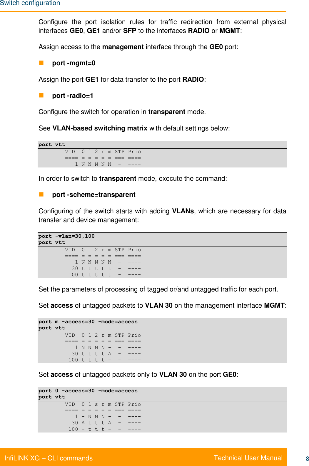 Switch configuration    Technical User Manual InfiLINK XG – CLI commands 8 Configure  the  port  isolation  rules  for  traffic  redirection  from  external  physical interfaces GE0, GE1 and/or SFP to the interfaces RADIO or MGMT: Assign access to the management interface through the GE0 port:  port -mgmt=0 Assign the port GE1 for data transfer to the port RADIO:  port -radio=1 Configure the switch for operation in transparent mode.  See VLAN-based switching matrix with default settings below: port vtt         VID  0 1 2 r m STP Prio         ==== = = = = = === ====            1 N N N N N  -  ---- In order to switch to transparent mode, execute the command:  port -scheme=transparent Configuring of the switch starts with adding VLANs, which are necessary for data transfer and device management: port -vlan=30,100 port vtt         VID  0 1 2 r m STP Prio         ==== = = = = = === ====            1 N N N N N  -  ----           30 t t t t t  -  ----          100 t t t t t  -  ---- Set the parameters of processing of tagged or/and untagged traffic for each port. Set access of untagged packets to VLAN 30 on the management interface MGMT: port m -access=30 -mode=access port vtt         VID  0 1 2 r m STP Prio         ==== = = = = = === ====            1 N N N N -  -  ----           30 t t t t A  -  ----          100 t t t t -  -  ---- Set access of untagged packets only to VLAN 30 on the port GE0: port 0 -access=30 -mode=access port vtt         VID  0 1 s r m STP Prio         ==== = = = = = === ====            1 - N N N -  -  ----           30 A t t t A  -  ----          100 - t t t -  -  ---- 