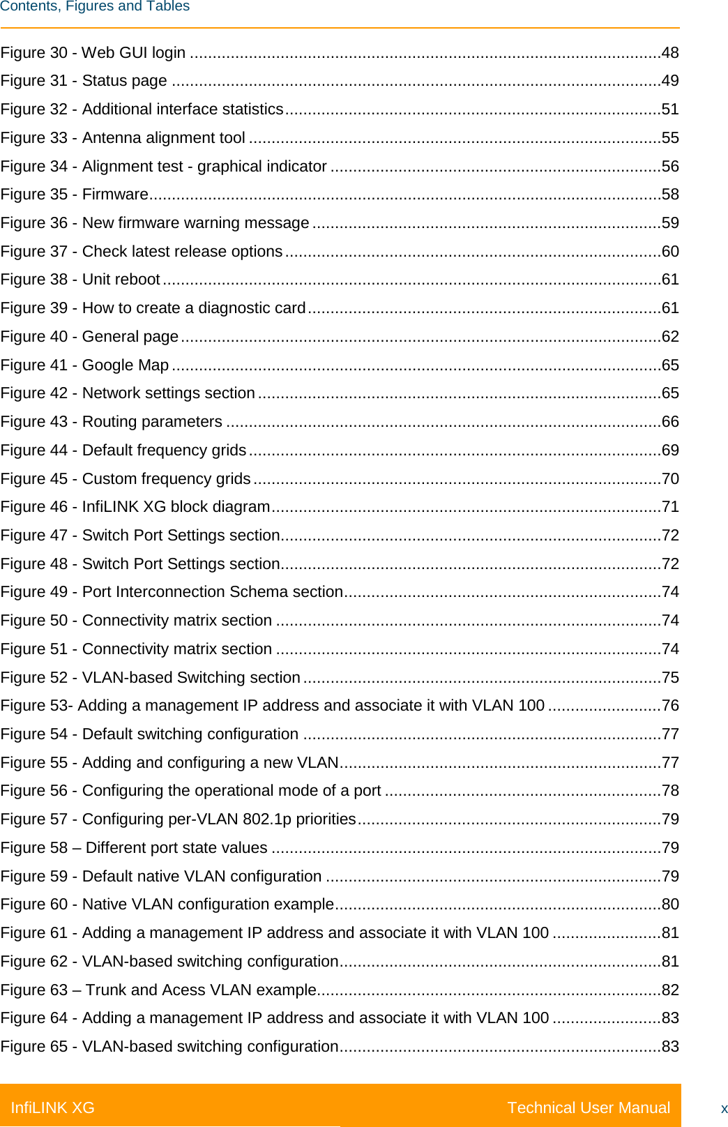    Contents, Figures and Tables Technical User Manual InfiLINK XG x Figure 30 - Web GUI login ........................................................................................................ 48 Figure 31 - Status page ............................................................................................................ 49 Figure 32 - Additional interface statistics ................................................................................... 51 Figure 33 - Antenna alignment tool ........................................................................................... 55 Figure 34 - Alignment test - graphical indicator ......................................................................... 56 Figure 35 - Firmware ................................................................................................................. 58 Figure 36 - New firmware warning message ............................................................................. 59 Figure 37 - Check latest release options ................................................................................... 60 Figure 38 - Unit reboot .............................................................................................................. 61 Figure 39 - How to create a diagnostic card .............................................................................. 61 Figure 40 - General page .......................................................................................................... 62 Figure 41 - Google Map ............................................................................................................ 65 Figure 42 - Network settings section ......................................................................................... 65 Figure 43 - Routing parameters ................................................................................................ 66 Figure 44 - Default frequency grids ........................................................................................... 69 Figure 45 - Custom frequency grids .......................................................................................... 70 Figure 46 - InfiLINK XG block diagram ...................................................................................... 71 Figure 47 - Switch Port Settings section .................................................................................... 72 Figure 48 - Switch Port Settings section .................................................................................... 72 Figure 49 - Port Interconnection Schema section ...................................................................... 74 Figure 50 - Connectivity matrix section ..................................................................................... 74 Figure 51 - Connectivity matrix section ..................................................................................... 74 Figure 52 - VLAN-based Switching section ............................................................................... 75 Figure 53- Adding a management IP address and associate it with VLAN 100 ......................... 76 Figure 54 - Default switching configuration ............................................................................... 77 Figure 55 - Adding and configuring a new VLAN ....................................................................... 77 Figure 56 - Configuring the operational mode of a port ............................................................. 78 Figure 57 - Configuring per-VLAN 802.1p priorities ................................................................... 79 Figure 58 – Different port state values ...................................................................................... 79 Figure 59 - Default native VLAN configuration .......................................................................... 79 Figure 60 - Native VLAN configuration example ........................................................................ 80 Figure 61 - Adding a management IP address and associate it with VLAN 100 ........................ 81 Figure 62 - VLAN-based switching configuration ....................................................................... 81 Figure 63 – Trunk and Acess VLAN example ............................................................................ 82 Figure 64 - Adding a management IP address and associate it with VLAN 100 ........................ 83 Figure 65 - VLAN-based switching configuration ....................................................................... 83 