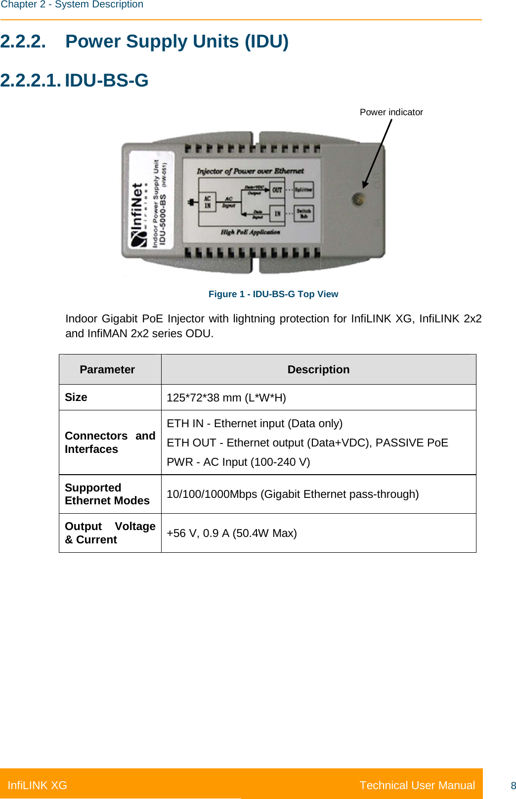    Chapter 2 - System Description Technical User Manual InfiLINK XG 8 2.2.2. Power Supply Units (IDU)  2.2.2.1. IDU-BS-G Power indicator Figure 1 - IDU-BS-G Top View Indoor Gigabit PoE Injector with lightning protection for InfiLINK XG, InfiLINK 2x2 and InfiMAN 2x2 series ODU. Parameter Description Size 125*72*38 mm (L*W*H) Connectors and Interfaces ETH IN - Ethernet input (Data only) ETH OUT - Ethernet output (Data+VDC), PASSIVE PoE PWR - AC Input (100-240 V) Supported Ethernet Modes 10/100/1000Mbps (Gigabit Ethernet pass-through) Output Voltage &amp; Current +56 V, 0.9 A (50.4W Max) 