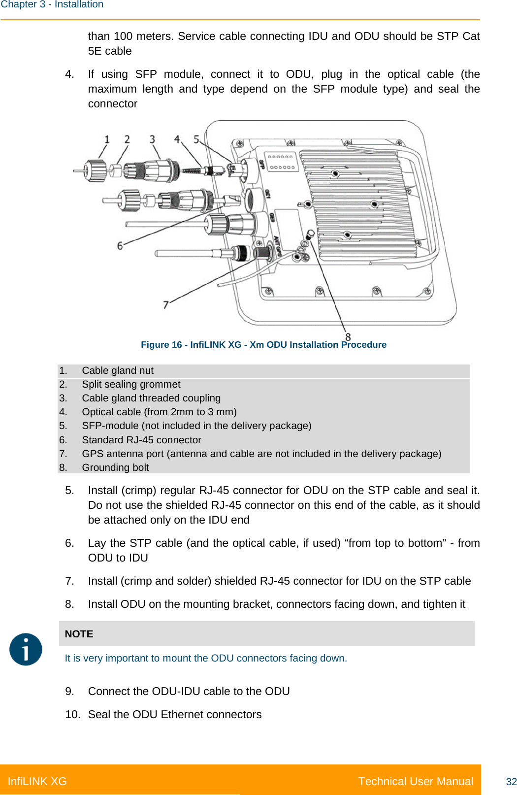    Chapter 3 - Installation Technical User Manual InfiLINK XG 32 than 100 meters. Service cable connecting IDU and ODU should be STP Cat 5E cable 4. If using SFP module, connect it to ODU, plug in the optical cable (the maximum length and type depend on the SFP module type) and seal the connector  Figure 16 - InfiLINK XG - Xm ODU Installation Procedure 1.  Cable gland nut 2. Split sealing grommet 3. Cable gland threaded coupling  4. Optical cable (from 2mm to 3 mm) 5. SFP-module (not included in the delivery package) 6. Standard RJ-45 connector 7. GPS antenna port (antenna and cable are not included in the delivery package) 8. Grounding bolt 5. Install (crimp) regular RJ-45 connector for ODU on the STP cable and seal it. Do not use the shielded RJ-45 connector on this end of the cable, as it should be attached only on the IDU end 6. Lay the STP cable (and the optical cable, if used) “from top to bottom” - from ODU to IDU 7. Install (crimp and solder) shielded RJ-45 connector for IDU on the STP cable 8. Install ODU on the mounting bracket, connectors facing down, and tighten it  NOTE It is very important to mount the ODU connectors facing down. 9. Connect the ODU-IDU cable to the ODU 10. Seal the ODU Ethernet connectors 