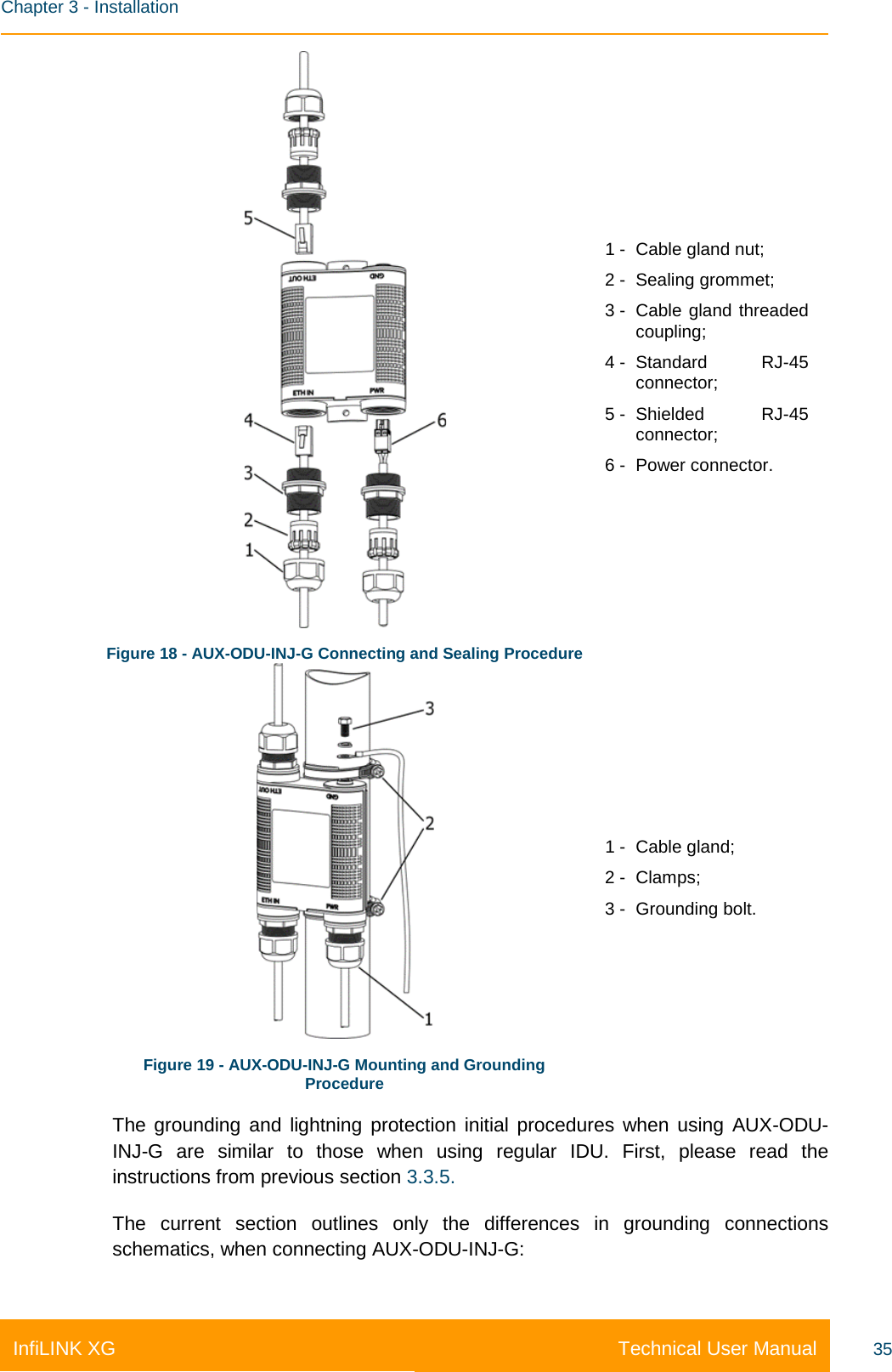    Chapter 3 - Installation Technical User Manual InfiLINK XG 35  Figure 18 - AUX-ODU-INJ-G Connecting and Sealing Procedure 1 -  Cable gland nut; 2 -  Sealing grommet; 3 -  Cable gland threaded coupling; 4 -  Standard RJ-45 connector;  5 -  Shielded RJ-45 connector; 6 -  Power connector.  Figure 19 - AUX-ODU-INJ-G Mounting and Grounding Procedure 1 -  Cable gland; 2 -  Clamps; 3 -  Grounding bolt. The grounding and lightning protection initial procedures when using AUX-ODU-INJ-G are similar to those when using regular IDU. First, please read the instructions from previous section 3.3.5. The  current section outlines only the differences in grounding connections schematics, when connecting AUX-ODU-INJ-G: 