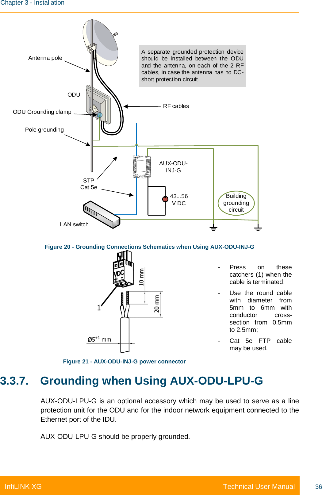    Chapter 3 - Installation Technical User Manual InfiLINK XG 36 Building grounding circuitLAN switchODUAntenna pole A separate grounded protection device should be installed between the ODU and the antenna,  on each of the 2 RF cables, in case the antenna has no DC-short protection circuit.STP Cat.5e43...56V DCAUX-ODU-INJ-GPole groundingRF cablesODU Grounding clamp Figure 20 - Grounding Connections Schematics when Using AUX-ODU-INJ-G  Figure 21 - AUX-ODU-INJ-G power connector - Press on these catchers (1) when the cable is terminated; -  Use the round cable with diameter from 5mm to 6mm with conductor cross-section from 0.5mm to 2.5mm; - Cat 5e FTP cable may be used. 3.3.7. Grounding when Using AUX-ODU-LPU-G AUX-ODU-LPU-G is an optional accessory which may be used to serve as a line protection unit for the ODU and for the indoor network equipment connected to the Ethernet port of the IDU. AUX-ODU-LPU-G should be properly grounded. 