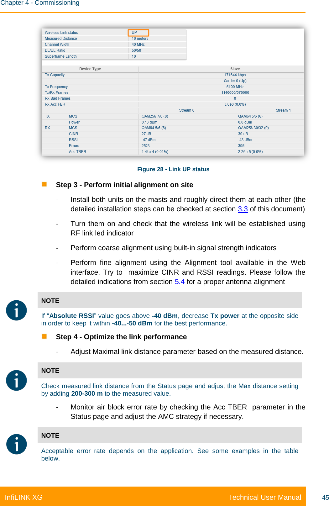    Chapter 4 - Commissioning Technical User Manual InfiLINK XG 45  Figure 28 - Link UP status  Step 3 - Perform initial alignment on site -  Install both units on the masts and roughly direct them at each other (the detailed installation steps can be checked at section 3.3 of this document) -  Turn them on and check that the wireless link will be established using RF link led indicator -  Perform coarse alignment using built-in signal strength indicators -  Perform fine alignment using the Alignment tool available in the Web interface. Try to  maximize CINR and RSSI readings. Please follow the detailed indications from section 5.4 for a proper antenna alignment  NOTE If “Absolute RSSI” value goes above -40 dBm, decrease Tx power at the opposite side in order to keep it within -40...-50 dBm for the best performance.  Step 4 - Optimize the link performance -  Adjust Maximal link distance parameter based on the measured distance.  NOTE Check measured link distance from the Status page and adjust the Max distance setting by adding 200-300 m to the measured value. -  Monitor air block error rate by checking the Acc TBER  parameter in the Status page and adjust the AMC strategy if necessary.  NOTE Acceptable error rate depends on the application. See some examples in the table below.  