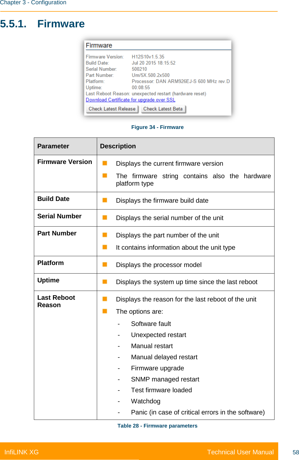    Chapter 3 - Configuration Technical User Manual InfiLINK XG 58 5.5.1. Firmware  Figure 34 - Firmware Parameter Description Firmware Version  Displays the current firmware version  The firmware string contains also the hardware platform type Build Date  Displays the firmware build date Serial Number  Displays the serial number of the unit Part Number  Displays the part number of the unit  It contains information about the unit type Platform  Displays the processor model Uptime  Displays the system up time since the last reboot Last Reboot Reason  Displays the reason for the last reboot of the unit  The options are: -  Software fault -  Unexpected restart -  Manual restart -  Manual delayed restart -  Firmware upgrade -  SNMP managed restart -  Test firmware loaded -  Watchdog -  Panic (in case of critical errors in the software) Table 28 - Firmware parameters 