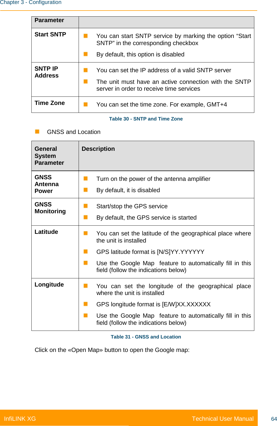    Chapter 3 - Configuration Technical User Manual InfiLINK XG 64 Parameter Start SNTP  You can start SNTP service by marking the option “Start SNTP” in the corresponding checkbox  By default, this option is disabled SNTP IP Address     You can set the IP address of a valid SNTP server  The unit must have an active connection with the SNTP server in order to receive time services Time Zone  You can set the time zone. For example, GMT+4 Table 30 - SNTP and Time Zone  GNSS and Location General System Parameter Description GNSS Antenna Power  Turn on the power of the antenna amplifier  By default, it is disabled GNSS Monitoring  Start/stop the GPS service  By default, the GPS service is started Latitude  You can set the latitude of the geographical place where the unit is installed  GPS latitude format is [N/S]YY.YYYYYY  Use the Google Map  feature to automatically fill in this field (follow the indications below) Longitude  You can set the longitude of the geographical place where the unit is installed  GPS longitude format is [E/W]XX.XXXXXX  Use the Google Map  feature to automatically fill in this field (follow the indications below) Table 31 - GNSS and Location Click on the «Open Map» button to open the Google map: 