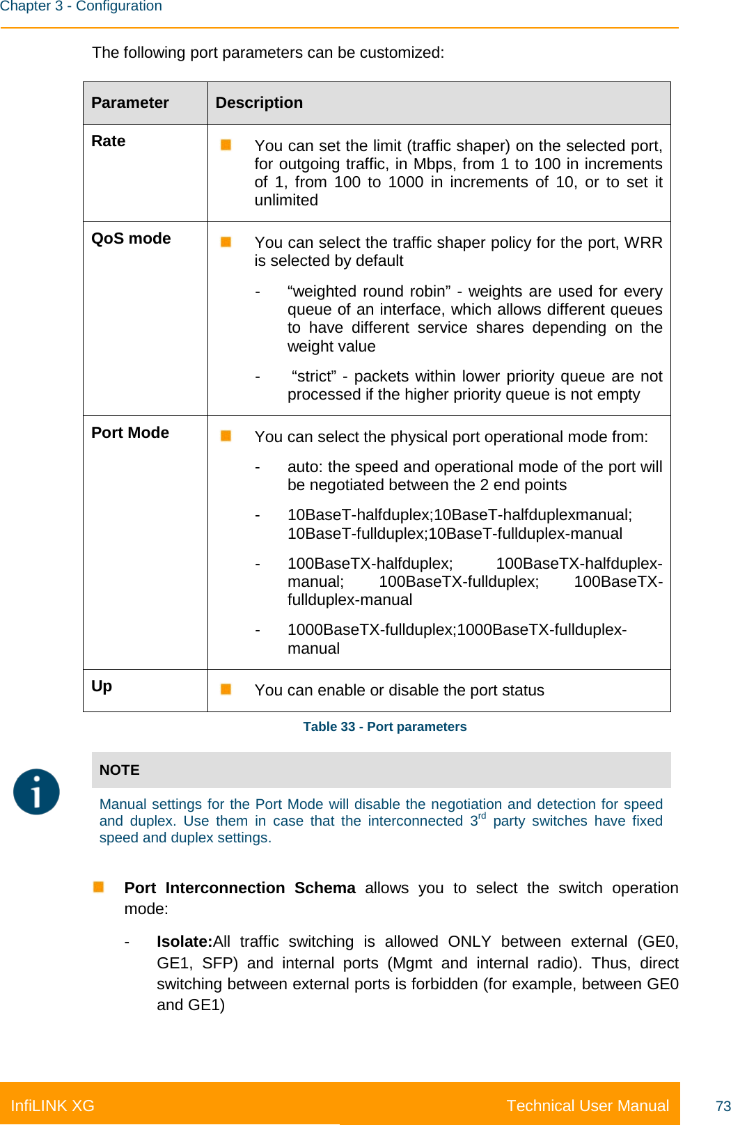    Chapter 3 - Configuration Technical User Manual InfiLINK XG 73 The following port parameters can be customized: Parameter Description Rate  You can set the limit (traffic shaper) on the selected port, for outgoing traffic, in Mbps, from 1 to 100 in increments of 1, from 100 to 1000 in increments of 10, or to set it unlimited QoS mode  You can select the traffic shaper policy for the port, WRR is selected by default -  “weighted round robin” - weights are used for every queue of an interface, which allows different queues to have different service shares depending on the weight value -   “strict” - packets within lower priority queue are not processed if the higher priority queue is not empty Port Mode  You can select the physical port operational mode from: -  auto: the speed and operational mode of the port will be negotiated between the 2 end points  -  10BaseT-halfduplex;10BaseT-halfduplexmanual; 10BaseT-fullduplex;10BaseT-fullduplex-manual -  100BaseTX-halfduplex; 100BaseTX-halfduplex-manual; 100BaseTX-fullduplex; 100BaseTX-fullduplex-manual -  1000BaseTX-fullduplex;1000BaseTX-fullduplex-manual Up  You can enable or disable the port status Table 33 - Port parameters  NOTE  Manual settings for the Port Mode will disable the negotiation and detection for speed and duplex. Use them in case that the interconnected 3rd party switches have fixed speed and duplex settings.   Port Interconnection Schema allows you to select the switch operation mode: -  Isolate:All traffic switching is allowed ONLY between external (GE0, GE1, SFP) and internal ports (Mgmt and internal radio). Thus, direct switching between external ports is forbidden (for example, between GE0 and GE1) 