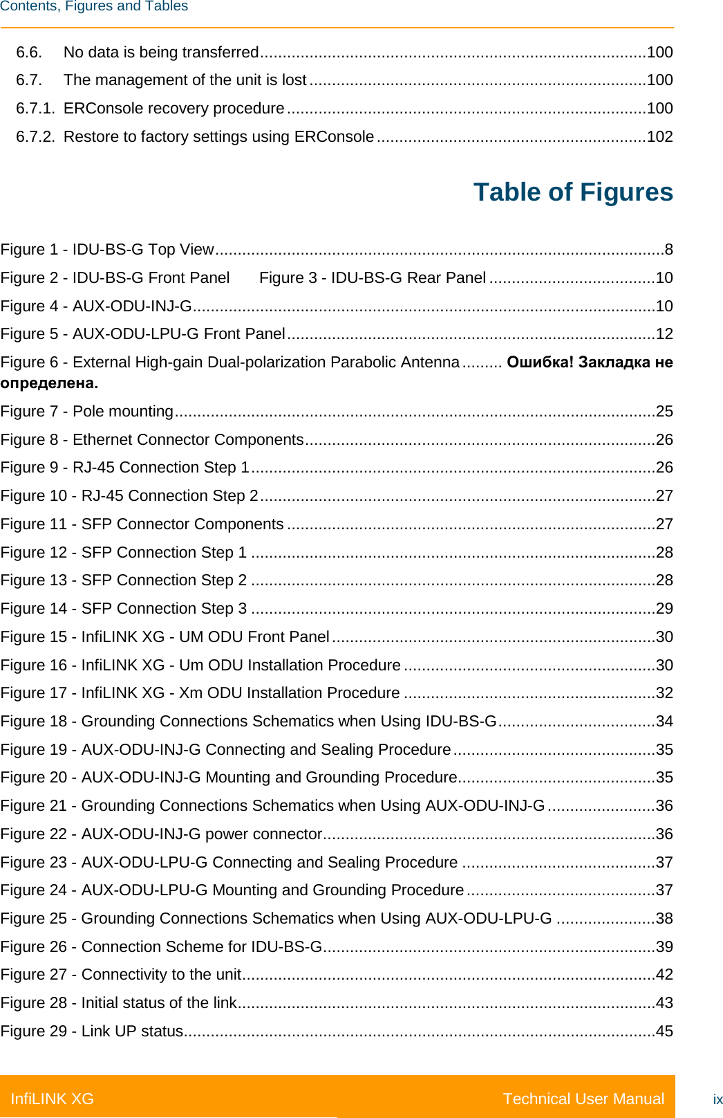    Contents, Figures and Tables Technical User Manual InfiLINK XG ix 6.6. No data is being transferred ...................................................................................... 100 6.7. The management of the unit is lost ........................................................................... 100 6.7.1. ERConsole recovery procedure ................................................................................ 100 6.7.2. Restore to factory settings using ERConsole ............................................................ 102 Table of Figures Figure 1 - IDU-BS-G Top View .................................................................................................... 8 Figure 2 - IDU-BS-G Front Panel    Figure 3 - IDU-BS-G Rear Panel ..................................... 10 Figure 4 - AUX-ODU-INJ-G ....................................................................................................... 10 Figure 5 - AUX-ODU-LPU-G Front Panel .................................................................................. 12 Figure 6 - External High-gain Dual-polarization Parabolic Antenna ......... Ошибка! Закладка не определена. Figure 7 - Pole mounting ........................................................................................................... 25 Figure 8 - Ethernet Connector Components .............................................................................. 26 Figure 9 - RJ-45 Connection Step 1 .......................................................................................... 26 Figure 10 - RJ-45 Connection Step 2 ........................................................................................ 27 Figure 11 - SFP Connector Components .................................................................................. 27 Figure 12 - SFP Connection Step 1 .......................................................................................... 28 Figure 13 - SFP Connection Step 2 .......................................................................................... 28 Figure 14 - SFP Connection Step 3 .......................................................................................... 29 Figure 15 - InfiLINK XG - UM ODU Front Panel ........................................................................ 30 Figure 16 - InfiLINK XG - Um ODU Installation Procedure ........................................................ 30 Figure 17 - InfiLINK XG - Xm ODU Installation Procedure ........................................................ 32 Figure 18 - Grounding Connections Schematics when Using IDU-BS-G ................................... 34 Figure 19 - AUX-ODU-INJ-G Connecting and Sealing Procedure ............................................. 35 Figure 20 - AUX-ODU-INJ-G Mounting and Grounding Procedure ............................................ 35 Figure 21 - Grounding Connections Schematics when Using AUX-ODU-INJ-G ........................ 36 Figure 22 - AUX-ODU-INJ-G power connector .......................................................................... 36 Figure 23 - AUX-ODU-LPU-G Connecting and Sealing Procedure ........................................... 37 Figure 24 - AUX-ODU-LPU-G Mounting and Grounding Procedure .......................................... 37 Figure 25 - Grounding Connections Schematics when Using AUX-ODU-LPU-G ...................... 38 Figure 26 - Connection Scheme for IDU-BS-G .......................................................................... 39 Figure 27 - Connectivity to the unit ............................................................................................ 42 Figure 28 - Initial status of the link ............................................................................................. 43 Figure 29 - Link UP status ......................................................................................................... 45 