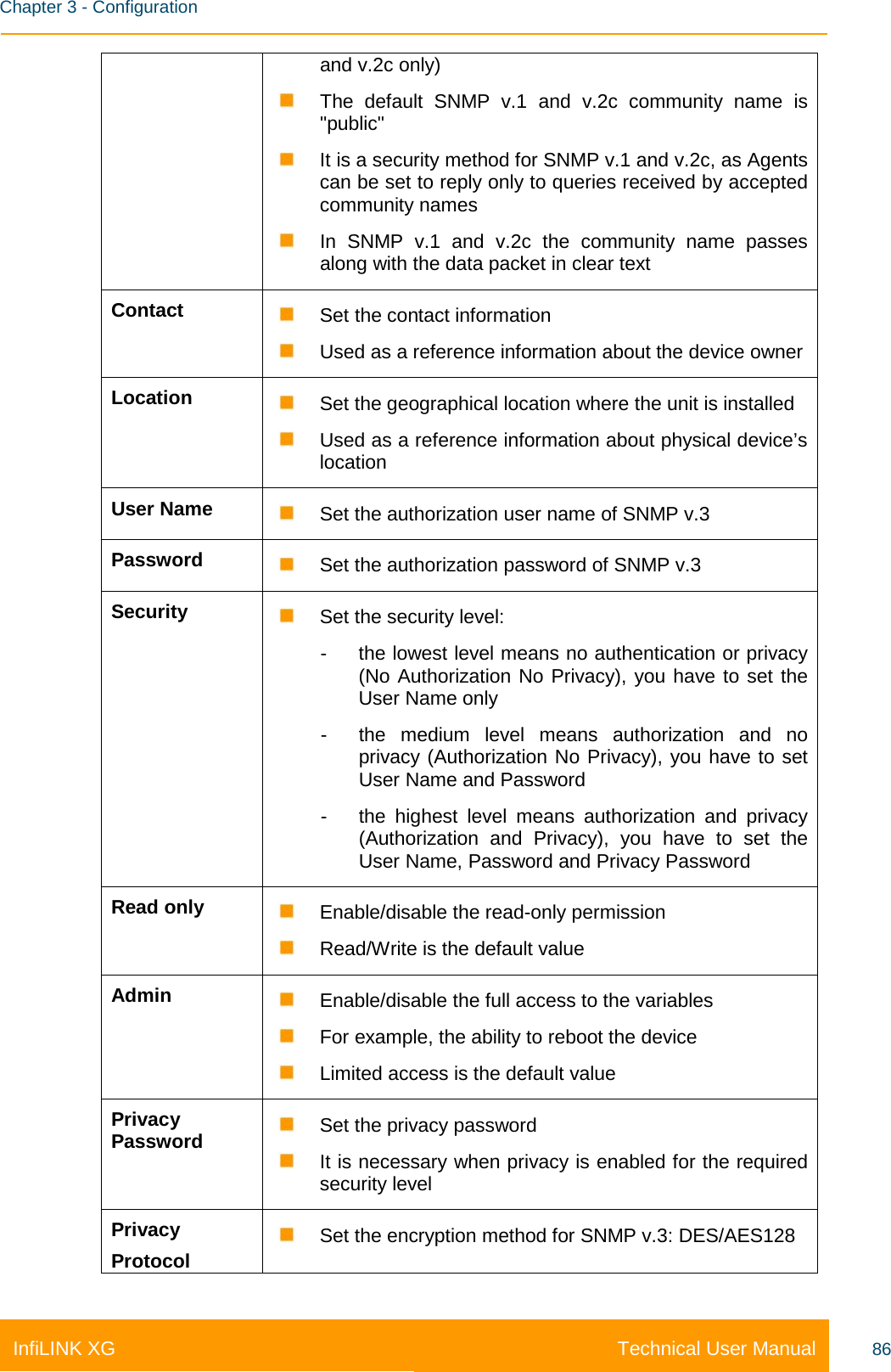    Chapter 3 - Configuration Technical User Manual InfiLINK XG 86 and v.2c only)  The default SNMP v.1 and v.2c community name is &quot;public&quot;  It is a security method for SNMP v.1 and v.2c, as Agents can be set to reply only to queries received by accepted community names  In SNMP v.1 and v.2c the community name passes along with the data packet in clear text Contact  Set the contact information  Used as a reference information about the device owner Location  Set the geographical location where the unit is installed  Used as a reference information about physical device’s location User Name  Set the authorization user name of SNMP v.3 Password  Set the authorization password of SNMP v.3 Security  Set the security level: -  the lowest level means no authentication or privacy (No Authorization No Privacy), you have to set the User Name only - the medium level means authorization and no privacy (Authorization No Privacy), you have to set User Name and Password - the highest level means authorization and privacy (Authorization and Privacy), you have to set the User Name, Password and Privacy Password Read only  Enable/disable the read-only permission  Read/Write is the default value Admin  Enable/disable the full access to the variables  For example, the ability to reboot the device  Limited access is the default value Privacy Password  Set the privacy password  It is necessary when privacy is enabled for the required security level Privacy Protocol  Set the encryption method for SNMP v.3: DES/AES128 