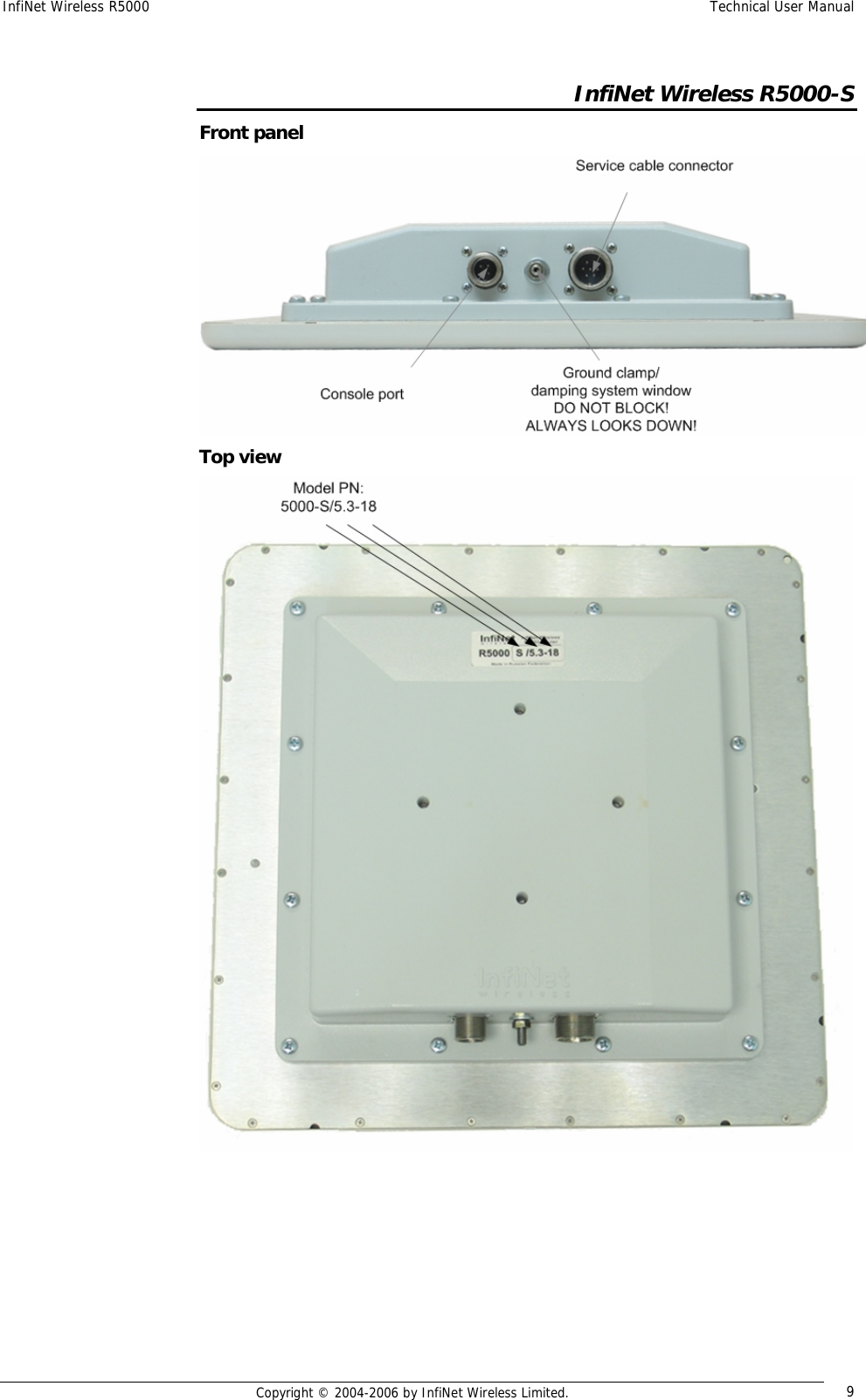 InfiNet Wireless R5000  Technical User Manual  Copyright © 2004-2006 by InfiNet Wireless Limited.  9  InfiNet Wireless R5000-S Front panel  Top view    