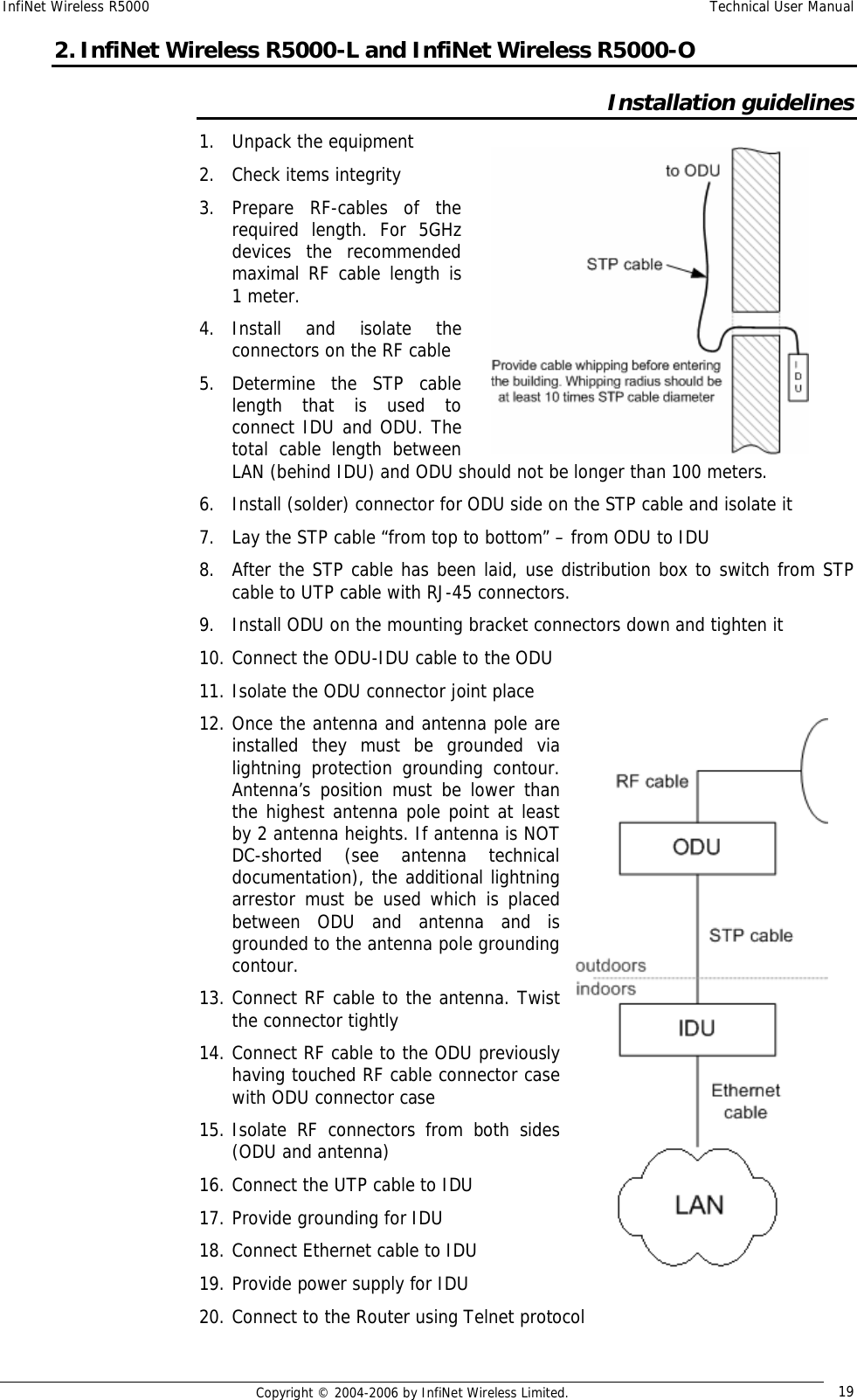 InfiNet Wireless R5000  Technical User Manual  Copyright © 2004-2006 by InfiNet Wireless Limited.  19 2. InfiNet Wireless R5000-L and InfiNet Wireless R5000-O Installation guidelines 1. Unpack the equipment 2. Check items integrity 3. Prepare RF-cables of the required length. For 5GHz devices the recommended maximal RF cable length is 1 meter. 4. Install and isolate the connectors on the RF cable 5. Determine the STP cable length that is used to connect IDU and ODU. The total cable length between LAN (behind IDU) and ODU should not be longer than 100 meters. 6. Install (solder) connector for ODU side on the STP cable and isolate it 7. Lay the STP cable “from top to bottom” – from ODU to IDU 8. After the STP cable has been laid, use distribution box to switch from STP cable to UTP cable with RJ-45 connectors. 9. Install ODU on the mounting bracket connectors down and tighten it 10. Connect the ODU-IDU cable to the ODU 11. Isolate the ODU connector joint place 12. Once the antenna and antenna pole are installed they must be grounded via lightning protection grounding contour. Antenna’s position must be lower than the highest antenna pole point at least by 2 antenna heights. If antenna is NOT DC-shorted (see antenna technical documentation), the additional lightning arrestor must be used which is placed between ODU and antenna and is grounded to the antenna pole grounding contour. 13. Connect RF cable to the antenna. Twist the connector tightly 14. Connect RF cable to the ODU previously having touched RF cable connector case with ODU connector case 15. Isolate RF connectors from both sides (ODU and antenna) 16. Connect the UTP cable to IDU 17. Provide grounding for IDU 18. Connect Ethernet cable to IDU 19. Provide power supply for IDU 20. Connect to the Router using Telnet protocol  