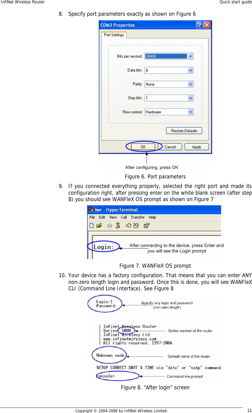 InfiNet Wireless Router  Quick start guide  Copyright © 2004-2006 by InfiNet Wireless Limited.  11 8. Specify port parameters exactly as shown on Figure 6  Figure 6. Port parameters 9. If you connected everything properly, selected the right port and made its configuration right, after pressing enter on the white blank screen (after step 8) you should see WANFleX OS prompt as shown on Figure 7  Figure 7. WANFleX OS prompt 10. Your device has a factory configuration. That means that you can enter ANY non-zero length login and password. Once this is done, you will see WANFleX CLI (Command Line Interface). See Figure 8  Figure 8. “After login” screen 