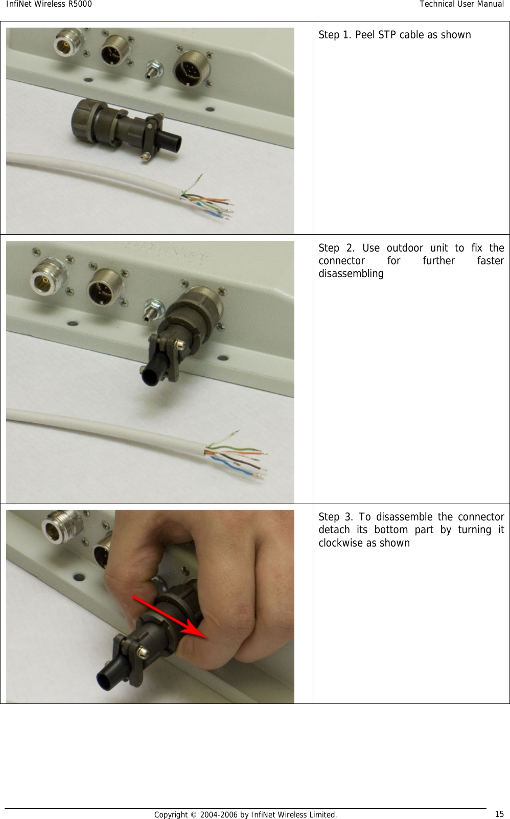 InfiNet Wireless R5000  Technical User Manual  Copyright © 2004-2006 by InfiNet Wireless Limited.  15  Step 1. Peel STP cable as shown  Step 2. Use outdoor unit to fix the connector for further faster disassembling  Step 3. To disassemble the connector detach its bottom part by turning it clockwise as shown 