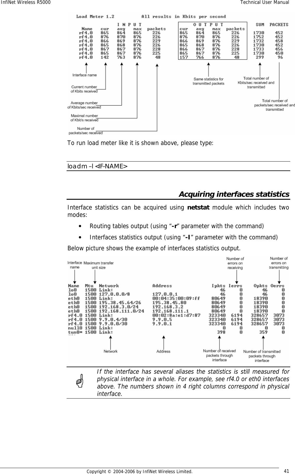 InfiNet Wireless R5000  Technical User Manual  Copyright © 2004-2006 by InfiNet Wireless Limited.  41  To run load meter like it is shown above, please type:  loadm –l &lt;IF-NAME&gt;  Acquiring interfaces statistics Interface statistics can be acquired using netstat module which includes two modes: • Routing tables output (using “-r” parameter with the command) • Interfaces statistics output (using “-I” parameter with the command) Below picture shows the example of interfaces statistics output.   If the interface has several aliases the statistics is still measured for physical interface in a whole. For example, see rf4.0 or eth0 interfaces above. The numbers shown in 4 right columns correspond in physical interface.    