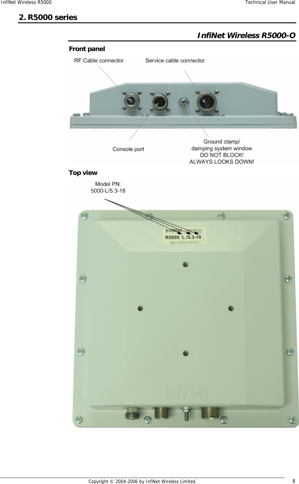 InfiNet Wireless R5000  Technical User Manual  Copyright © 2004-2006 by InfiNet Wireless Limited.  8 2. R5000 series InfiNet Wireless R5000-O Front panel  Top view     