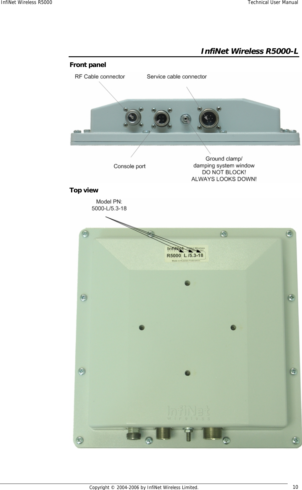 InfiNet Wireless R5000  Technical User Manual  Copyright © 2004-2006 by InfiNet Wireless Limited.  10   InfiNet Wireless R5000-L Front panel  Top view  