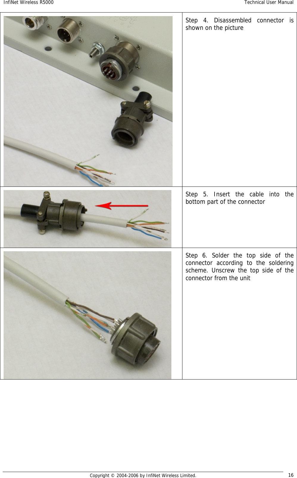 InfiNet Wireless R5000  Technical User Manual  Copyright © 2004-2006 by InfiNet Wireless Limited.  16  Step 4. Disassembled connector is shown on the picture  Step 5. Insert the cable into the bottom part of the connector   Step 6. Solder the top side of the connector according to the soldering scheme. Unscrew the top side of the connector from the unit  