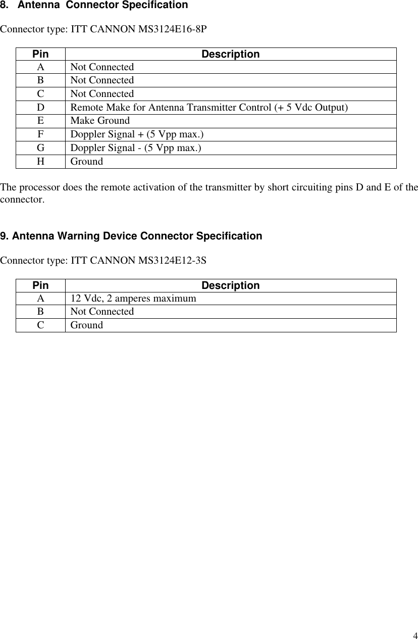 48. Antenna  Connector SpecificationConnector type: ITT CANNON MS3124E16-8PPin DescriptionANot ConnectedBNot ConnectedCNot ConnectedDRemote Make for Antenna Transmitter Control (+ 5 Vdc Output)EMake GroundFDoppler Signal + (5 Vpp max.)GDoppler Signal - (5 Vpp max.)HGroundThe processor does the remote activation of the transmitter by short circuiting pins D and E of theconnector.9. Antenna Warning Device Connector SpecificationConnector type: ITT CANNON MS3124E12-3SPin DescriptionA12 Vdc, 2 amperes maximumBNot ConnectedCGround