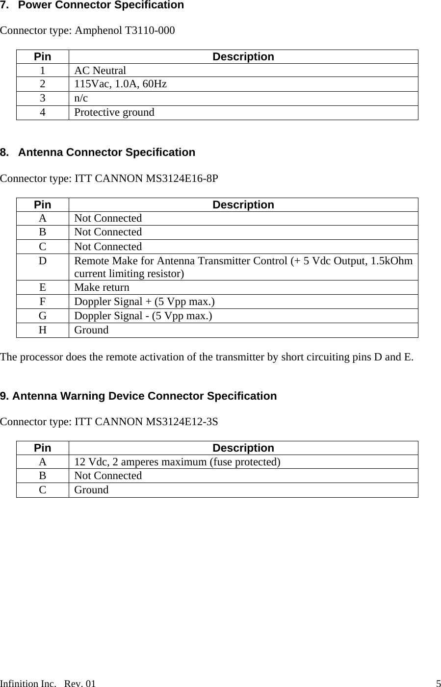  7.  Power Connector Specification  Connector type: Amphenol T3110-000  Pin Description 1 AC Neutral 2  115Vac, 1.0A, 60Hz 3 n/c 4 Protective ground   8. Antenna Connector Specification  Connector type: ITT CANNON MS3124E16-8P  Pin Description A Not Connected B Not Connected C Not Connected D  Remote Make for Antenna Transmitter Control (+ 5 Vdc Output, 1.5kOhm current limiting resistor) E Make return F  Doppler Signal + (5 Vpp max.) G  Doppler Signal - (5 Vpp max.) H Ground  The processor does the remote activation of the transmitter by short circuiting pins D and E.   9. Antenna Warning Device Connector Specification  Connector type: ITT CANNON MS3124E12-3S  Pin Description A  12 Vdc, 2 amperes maximum (fuse protected) B Not Connected C Ground             Infinition Inc.   Rev. 01    5