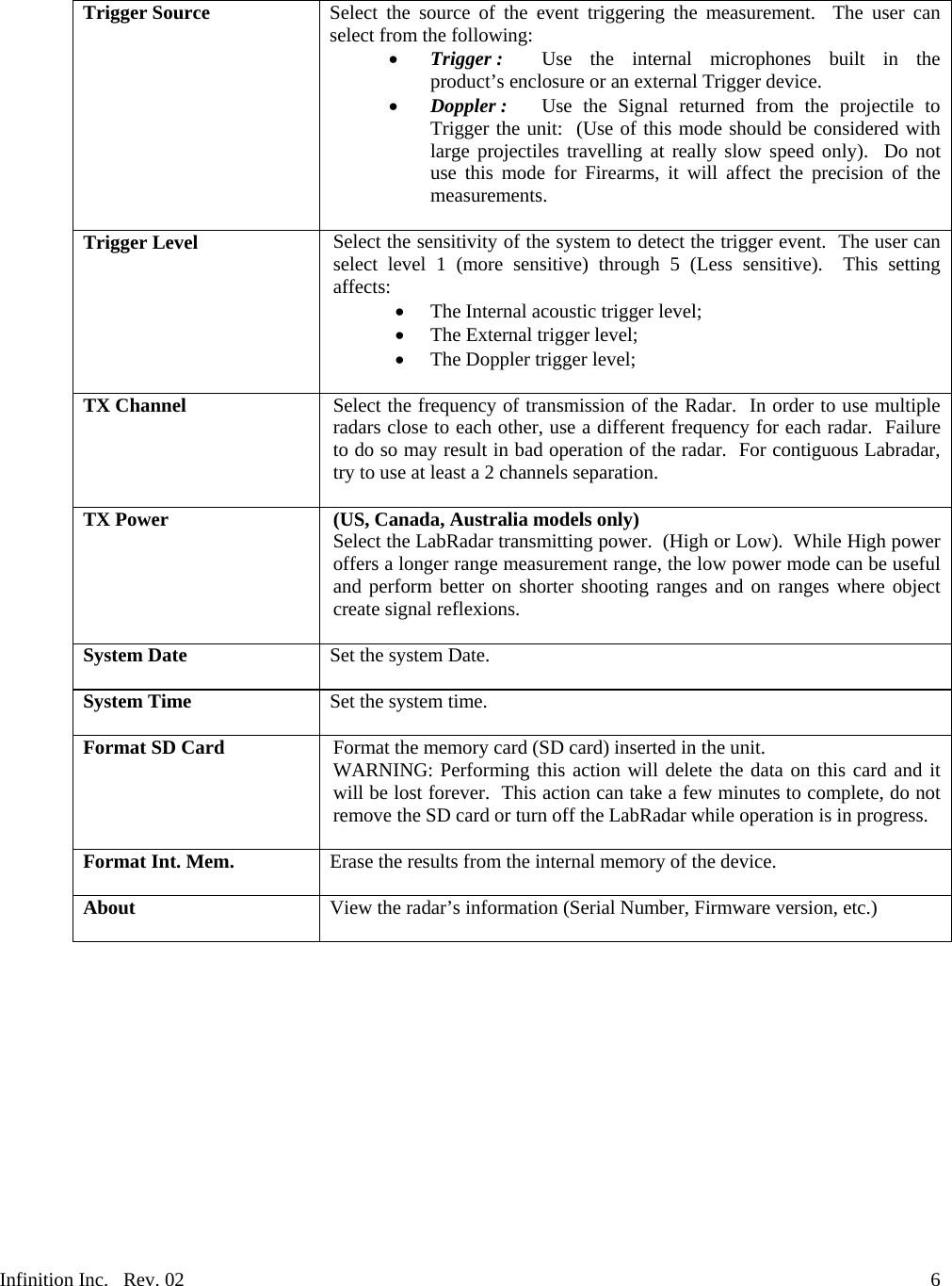 Infinition Inc.   Rev. 02     6 Trigger Source  Select the source of the event triggering the measurement.  The user can select from the following:  Trigger :   Use the internal microphones built in the product&rsquo;s enclosure or an external Trigger device.  Doppler :   Use the Signal returned from the projectile to Trigger the unit:  (Use of this mode should be considered with large projectiles travelling at really slow speed only).  Do not use this mode for Firearms, it will affect the precision of the measurements.  Trigger Level  Select the sensitivity of the system to detect the trigger event.  The user can select level 1 (more sensitive) through 5 (Less sensitive).  This setting affects:  The Internal acoustic trigger level;  The External trigger level;  The Doppler trigger level;  TX Channel  Select the frequency of transmission of the Radar.  In order to use multiple radars close to each other, use a different frequency for each radar.  Failure to do so may result in bad operation of the radar.  For contiguous Labradar, try to use at least a 2 channels separation.  TX Power  (US, Canada, Australia models only) Select the LabRadar transmitting power.  (High or Low).  While High power offers a longer range measurement range, the low power mode can be useful and perform better on shorter shooting ranges and on ranges where object create signal reflexions.  System Date  Set the system Date.  System Time  Set the system time.  Format SD Card  Format the memory card (SD card) inserted in the unit.   WARNING: Performing this action will delete the data on this card and it will be lost forever.  This action can take a few minutes to complete, do not remove the SD card or turn off the LabRadar while operation is in progress.  Format Int. Mem.  Erase the results from the internal memory of the device.  About  View the radar&rsquo;s information (Serial Number, Firmware version, etc.)   