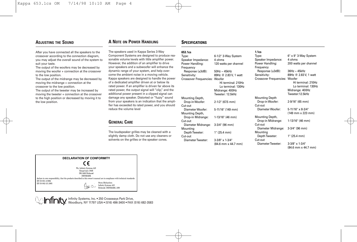 Page 4 of 4 - Infinity Infinity-3-Way-Component-System-653-1Cs-Users-Manual- Kappa 653.1cs OM  Infinity-3-way-component-system-653-1cs-users-manual