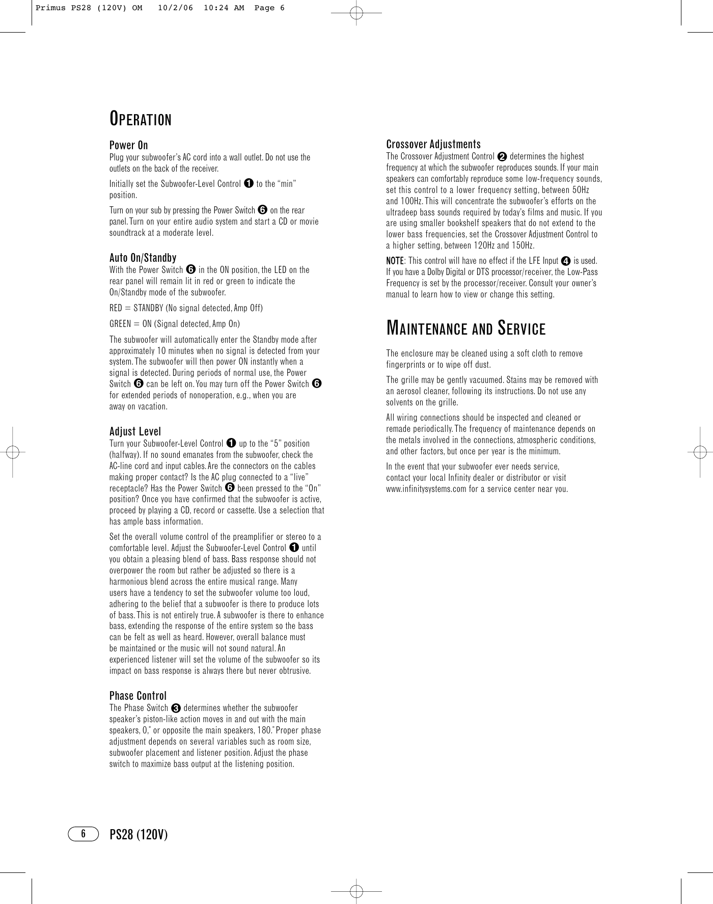 Page 6 of 8 - Infinity Infinity-Ps28-Users-Manual- Primus PS28 (120V) OM  Infinity-ps28-users-manual