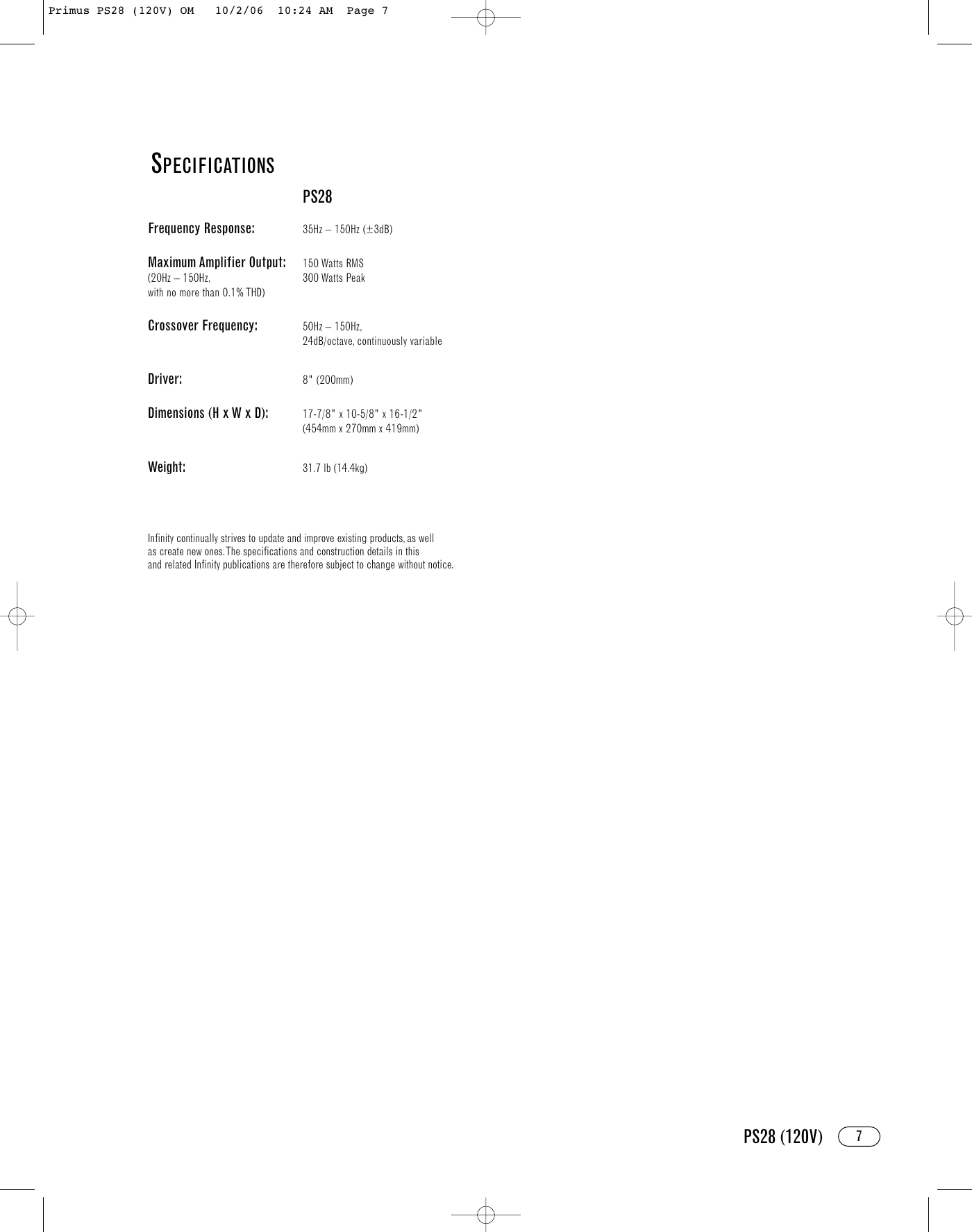 Page 7 of 8 - Infinity Infinity-Ps28-Users-Manual- Primus PS28 (120V) OM  Infinity-ps28-users-manual