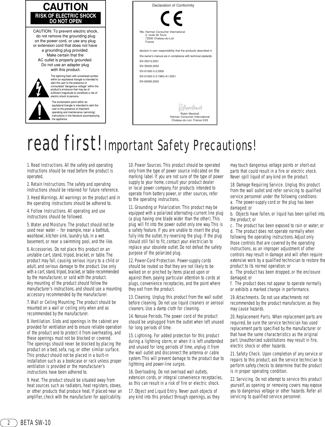 Page 2 of 8 - Infinity Infinity-Sw-10-Users-Manual- Beta SW-10 / ANGLAIS Corrig. (Page 3) Infinity-sw-10-users-manual