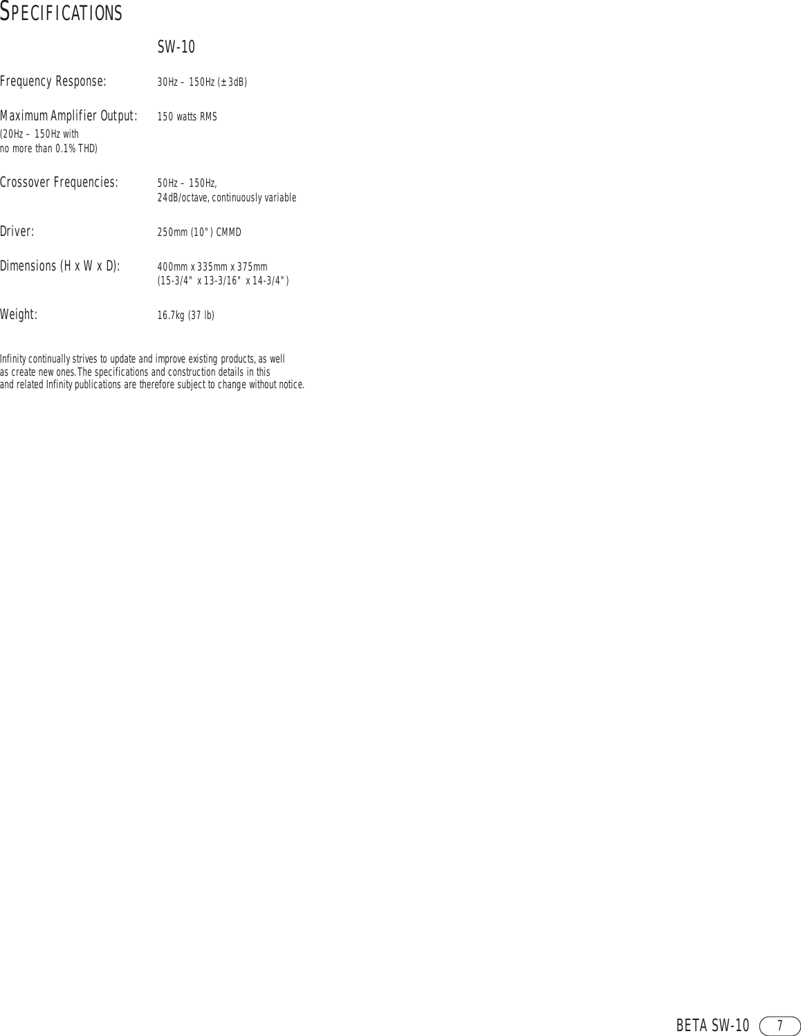 Page 7 of 8 - Infinity Infinity-Sw-10-Users-Manual- Beta SW-10 / ANGLAIS Corrig. (Page 3) Infinity-sw-10-users-manual