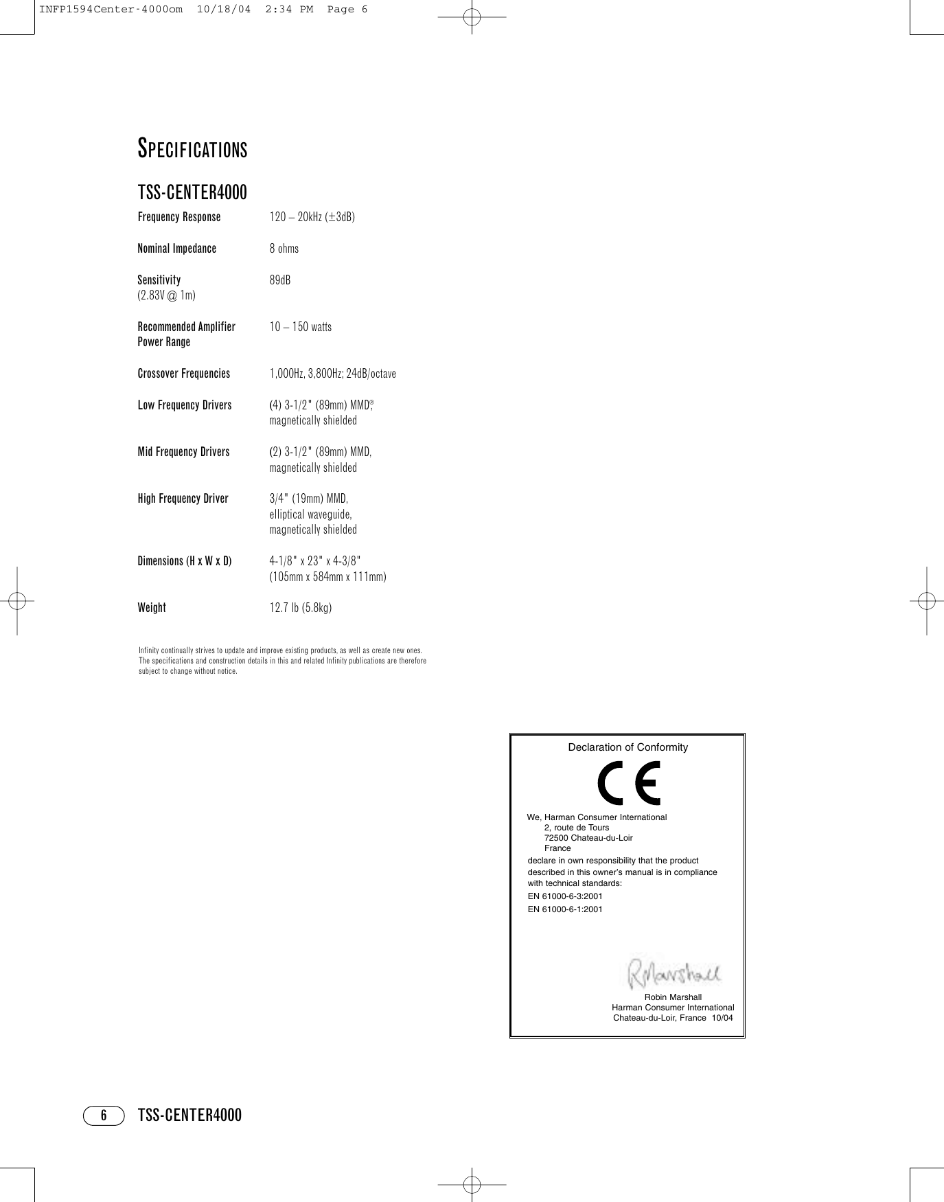 Page 6 of 8 - Infinity Infinity-Tss-Center4000-Users-Manual- Center-4000 OM  Infinity-tss-center4000-users-manual