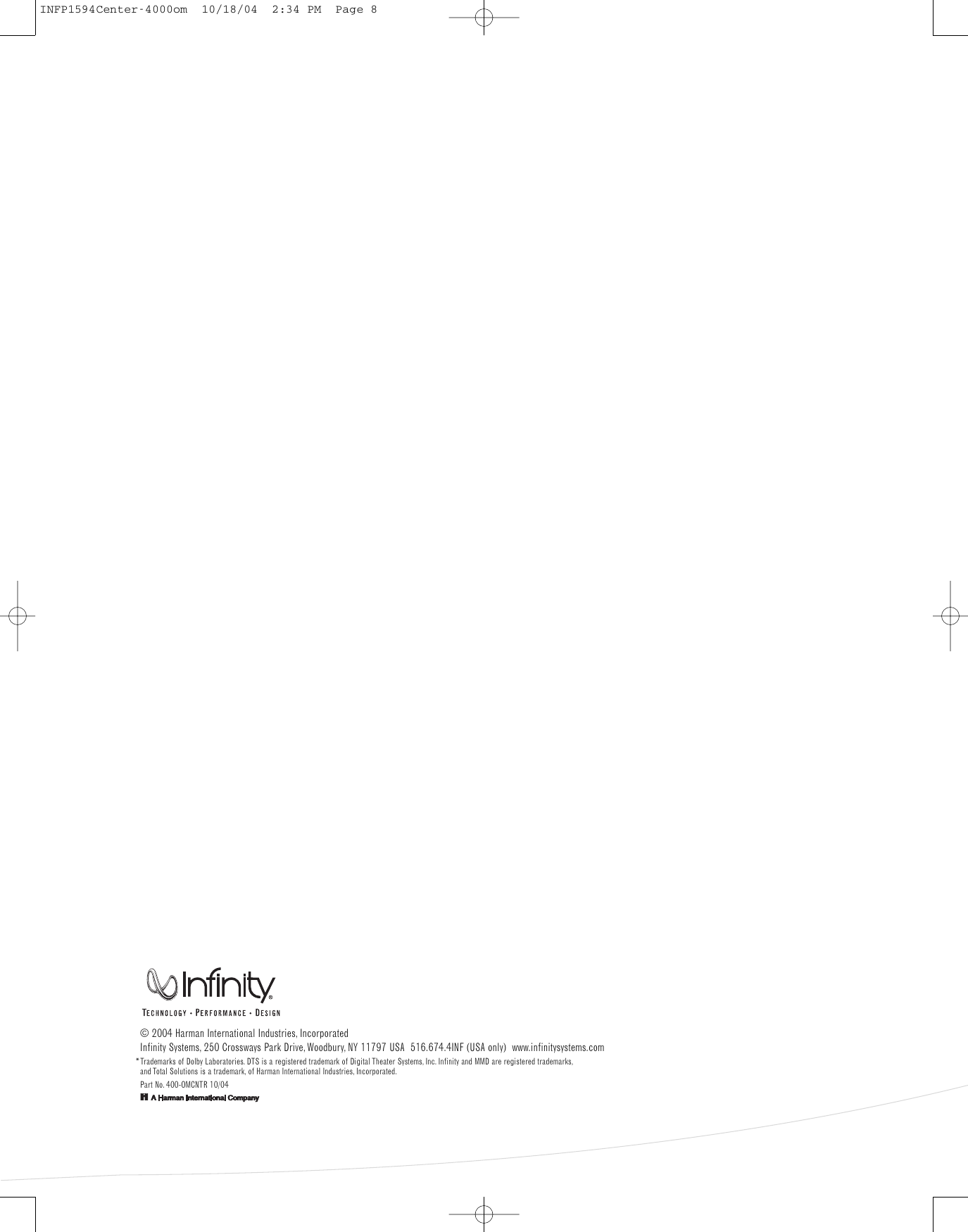 Page 8 of 8 - Infinity Infinity-Tss-Center4000-Users-Manual- Center-4000 OM  Infinity-tss-center4000-users-manual