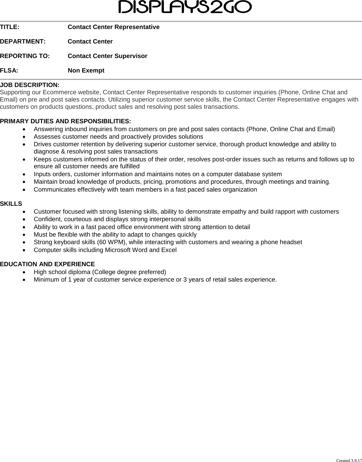 Page 1 of 1 - Info Job Description Contact Center Representative User Manual