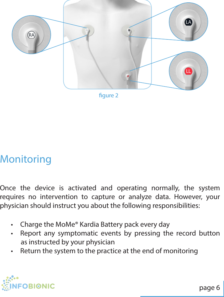 page 6gure 2MonitoringOnce the device is activated and operating normally, the system requires no intervention to capture or analyze data. However, your physician should instruct you about the following responsibilities:&bull;  Charge the MoMe&reg; Kardia Battery pack every day&bull;   Report any symptomatic events by pressing the record button as instructed by your physician&bull;  Return the system to the practice at the end of monitoring