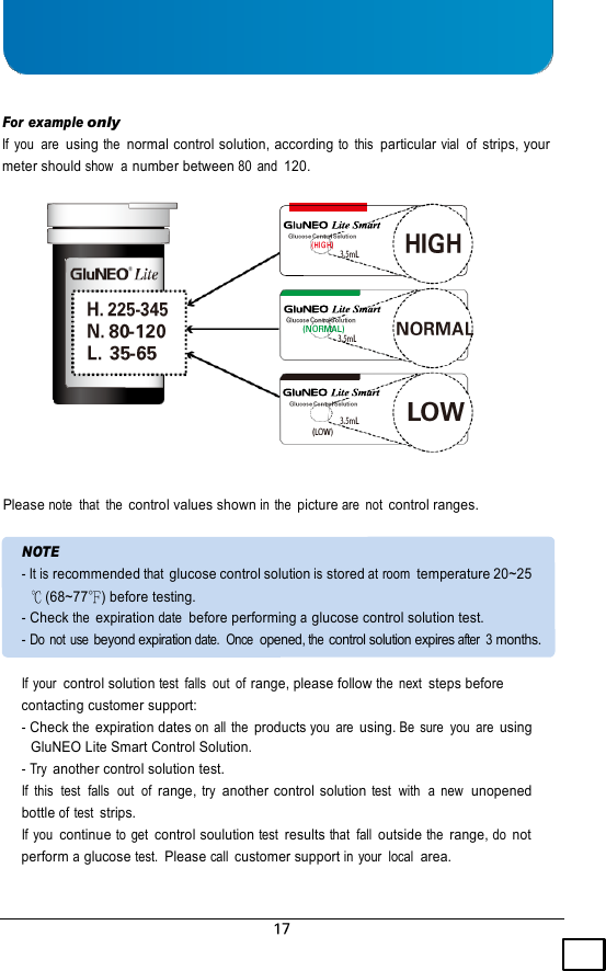     For example only If  you  are  using the  normal control solution, according to  this  particular vial  of strips, your meter should show  a number between 80  and 120.         Please note  that  the control values shown in the picture are  not control ranges.  NOTE - It is recommended that glucose control solution is stored at room  temperature 20~25 (68~77 ) before testing. - Check the expiration date  before performing a glucose control solution test. - Do not use beyond expiration date.  Once opened, the control solution expires after  3 months.  If your  control solution test  falls  out  of range, please follow the  next  steps before contacting customer support: - Check the expiration dates on all the products you  are using. Be  sure  you  are using GluNEO Lite Smart Control Solution. - Try another control solution test. If  this  test  falls  out  of range, try  another control solution test  with  a  new  unopened bottle of test strips. If you  continue to  get control soulution test  results that  fall outside the range, do not perform a glucose test.  Please call customer support in your  local  area. 