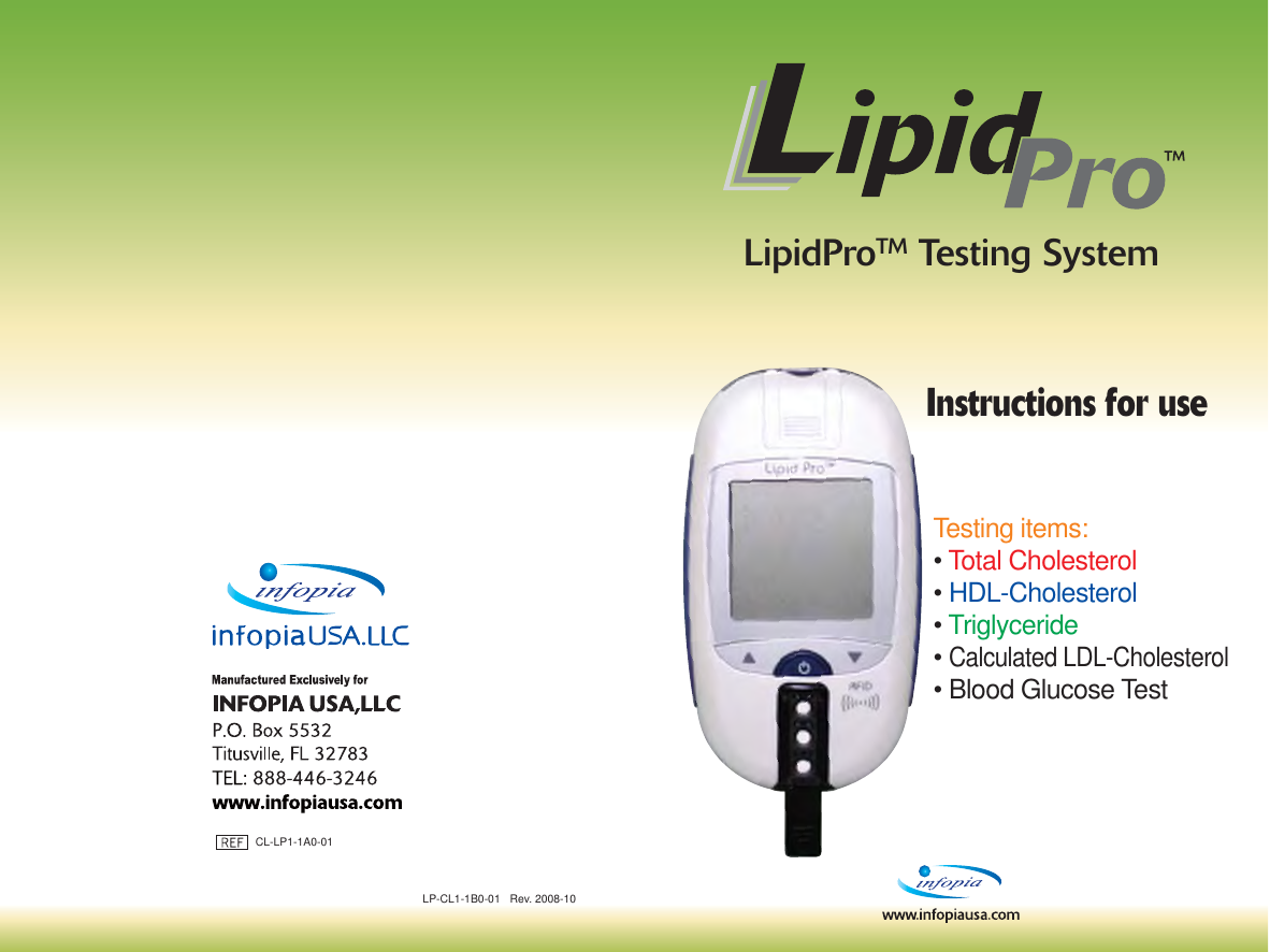 Page 1 of Infopia ILM-0001A-RF Lipid profile and glucose measuring system for self testing User Manual Manua  Cover