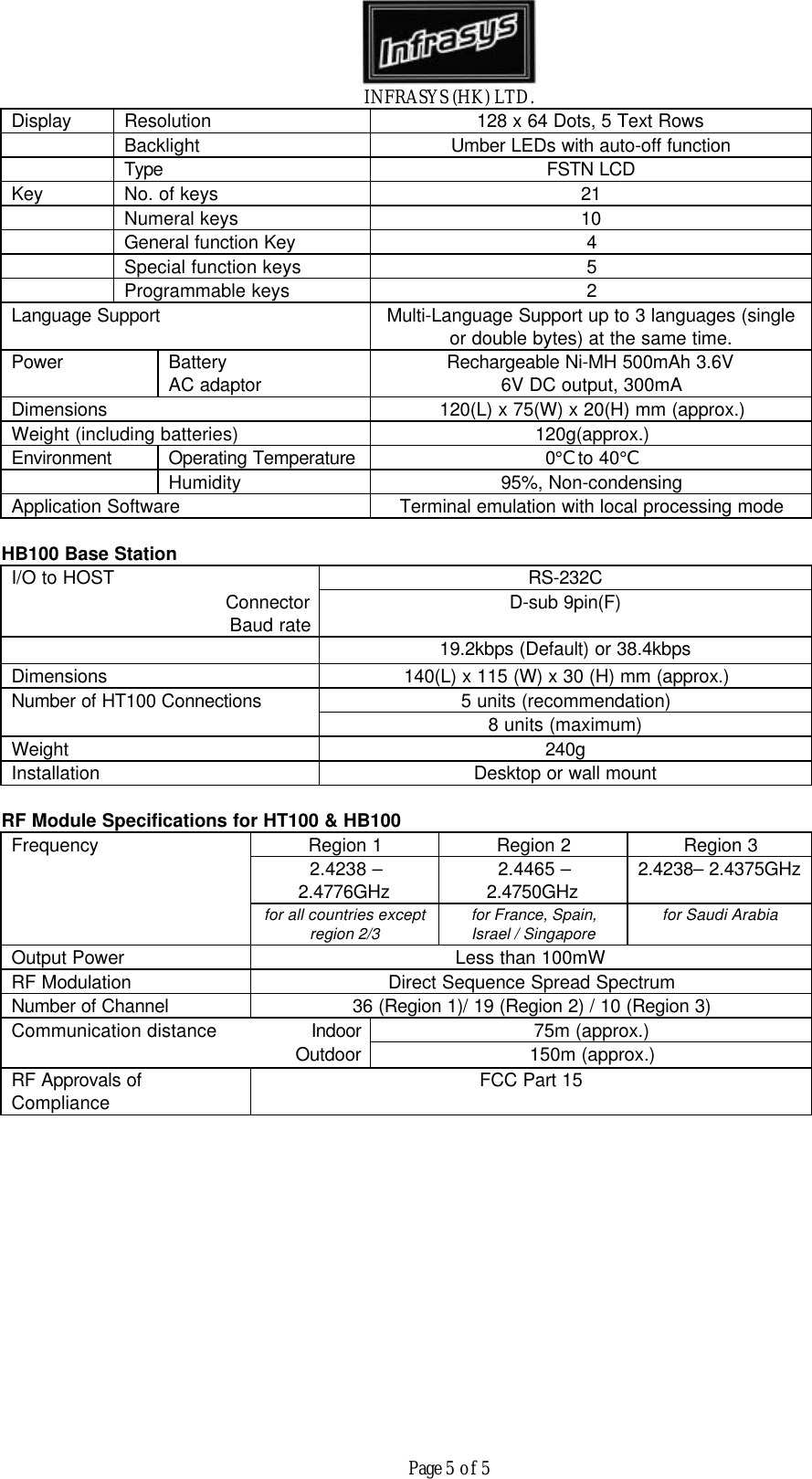 INFRASYS (HK) LTD.Page 5 of 5Display Resolution 128 x 64 Dots, 5 Text RowsBacklight Umber LEDs with auto-off functionType FSTN LCDKey No. of keys 21Numeral keys 10General function Key 4Special function keys 5Programmable keys 2Language Support Multi-Language Support up to 3 languages (singleor double bytes) at the same time.Power BatteryAC adaptor Rechargeable Ni-MH 500mAh 3.6V6V DC output, 300mADimensions 120(L) x 75(W) x 20(H) mm (approx.)Weight (including batteries) 120g(approx.)Environment Operating Temperature 0&deg;C to 40&deg;CHumidity 95%, Non-condensingApplication Software Terminal emulation with local processing modeHB100 Base StationI/O to HOST RS-232CConnectorBaud rate D-sub 9pin(F)19.2kbps (Default) or 38.4kbpsDimensions 140(L) x 115 (W) x 30 (H) mm (approx.)Number of HT100 Connections 5 units (recommendation)8 units (maximum)Weight 240gInstallation Desktop or wall mountRF Module Specifications for HT100 &amp; HB100Frequency Region 1 Region 2 Region 32.4238 &ndash;2.4776GHz 2.4465 &ndash;2.4750GHz 2.4238&ndash; 2.4375GHzfor all countries exceptregion 2/3for France, Spain,Israel / Singaporefor Saudi ArabiaOutput Power Less than 100mWRF Modulation Direct Sequence Spread SpectrumNumber of Channel 36 (Region 1)/ 19 (Region 2) / 10 (Region 3)Communication distance Indoor 75m (approx.)Outdoor 150m (approx.)RF Approvals ofCompliance FCC Part 15