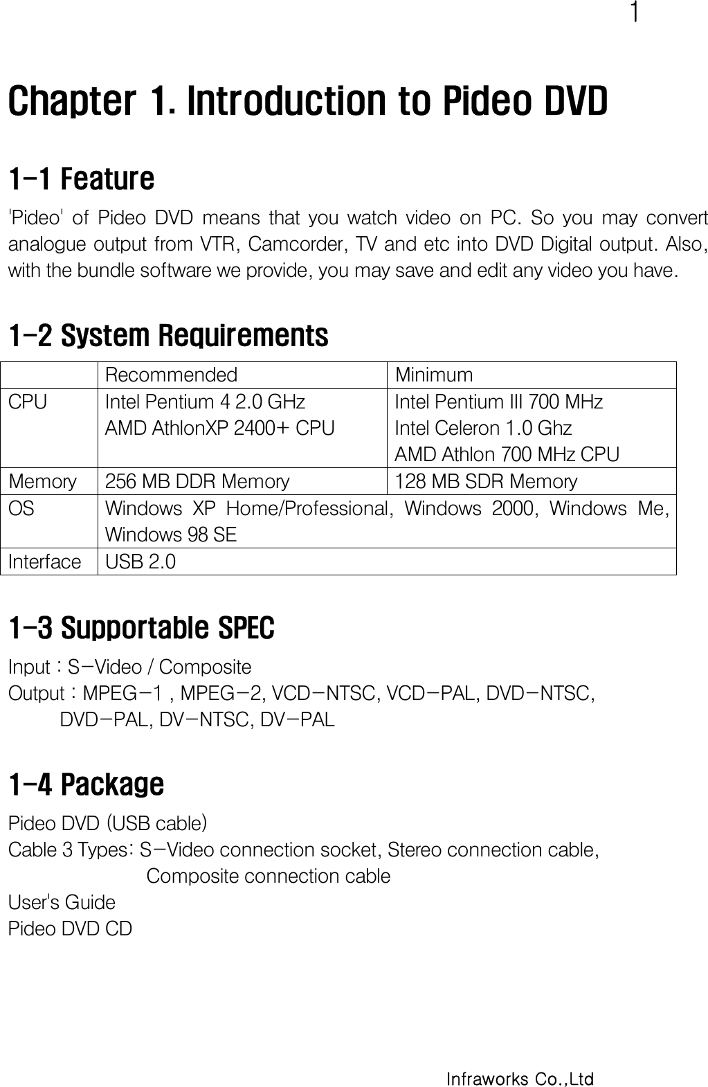  1     Infraworks Co.,Ltd Chapter 1. Introduction to Pideo DVD  1-1 Feature &apos;Pideo&apos;  of  Pideo  DVD  means  that  you  watch  video  on  PC.  So  you  may  convert analogue output from VTR, Camcorder, TV and etc into DVD Digital output. Also, with the bundle software we provide, you may save and edit any video you have.  1-2 System Requirements   Recommended  Minimum CPU  Intel Pentium 4 2.0 GHz  AMD AthlonXP 2400+ CPU Intel Pentium III 700 MHz  Intel Celeron 1.0 Ghz  AMD Athlon 700 MHz CPU Memory  256 MB DDR Memory  128 MB SDR Memory OS  Windows  XP  Home/Professional,  Windows  2000,  Windows  Me, Windows 98 SE Interface  USB 2.0  1-3 Supportable SPEC Input : S-Video / Composite  Output : MPEG-1 , MPEG-2, VCD-NTSC, VCD-PAL, DVD-NTSC,  DVD-PAL, DV-NTSC, DV-PAL  1-4 Package Pideo DVD (USB cable) Cable 3 Types: S-Video connection socket, Stereo connection cable,  Composite connection cable User&apos;s Guide  Pideo DVD CD 