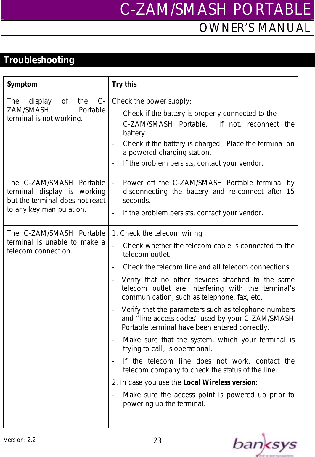C-ZAM/SMASH PORTABLEOWNER’S MANUAL  Troubleshooting  Symptom Try this ZAM/SMASH Portable terminal is not working.  C-ZAM/SMASH Portable.  If n-  Check if the battery is charged.  Place the terminal on a powered ch-  If the problem persists, contact your veThe C-ZAM/SMASH Portable  -  Power off the C-ZAMto any key manipulation.  -  If the problem persists, contact your vendor. The display of the C- Check the power supply: -  Check if the battery is properly connected to the  ot, reconnect the battery. arging station.  ndor. terminal display is working  /SMASH Portable terminal by disconnecting the battery and re-connect after 15 but the terminal does not react  seconds. The C-ZAM/SMASH Portable terminal is unable to make a telecom connection. 1. Check the telecom wiring -  Check whether the telecom cable is connected to the telecom outlet. -  Check the telecom line and all telecom connections. -  Verify that no other devices attached to the same telecom outlet are interfering with the terminal’s communication, such as telephone, fax, etc. -  Verify that the parameters such as telephone numbers and “line access codes” used by your C-ZAM/SMASH Portable terminal have been entered correctly. -  Make sure that the system, which your terminal is trying to call, is operational. -  If the telecom line does not work, contact the telecom company to check the status of the line. 2. In case you use the Local Wireless version: -  Make sure the access point is powered up prior to powering up the terminal.  Version: 2.2  23