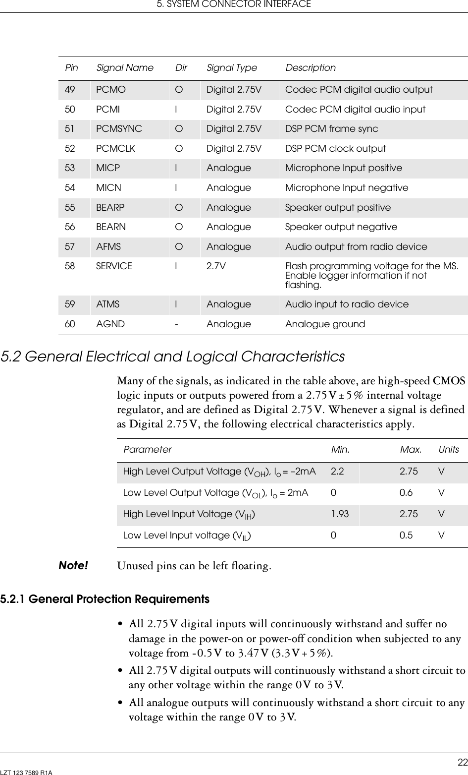 5. SYSTEM CONNECTOR INTERFACE22LZT 123 7589 R1A5.2 General Electrical and Logical CharacteristicsMany of the signals, as indicated in the table above, are high-speed CMOS logic inputs or outputs powered from a 2.75 V ± 5 % internal voltage regulator, and are defined as Digital 2.75 V. Whenever a signal is defined as Digital 2.75 V, the following electrical characteristics apply.1RWH Unused pins can be left floating.5.2.1 General Protection Requirements• All 2.75 V digital inputs will continuously withstand and suffer no damage in the power-on or power-off condition when subjected to any voltage from - 0.5 V to 3.47 V (3.3 V + 5 %).• All 2.75 V digital outputs will continuously withstand a short circuit to any other voltage within the range 0 V to 3 V.• All analogue outputs will continuously withstand a short circuit to any voltage within the range 0 V to 3 V.49 PCMO ODigital 2.75V Codec PCM digital audio output50 PCMI I Digital 2.75V Codec PCM digital audio input51 PCMSYNC ODigital 2.75V DSP PCM frame sync52 PCMCLK O Digital 2.75V DSP PCM clock output53 MICP IAnalogue Microphone Input positive54 MICN I Analogue Microphone Input negative55 BEARP OAnalogue Speaker output positive 56 BEARN O Analogue Speaker output negative57 AFMS OAnalogue Audio output from radio device58 SERVICE I 2.7V Flash programming voltage for the MS. Enable logger information if not flashing.59 ATMS IAnalogue Audio input to radio device60 AGND - Analogue Analogue groundPin Signal Name Dir Signal Type DescriptionParameter Min. Max. UnitsHigh Level Output Voltage (VOH), Io  =  –2mA 2.2 2.75 VLow Level Output Voltage (VOL), Io = 2mA 0 0.6 VHigh Level Input Voltage (VIH)1.93 2.75 VLow Level Input voltage (VIL)00.5V