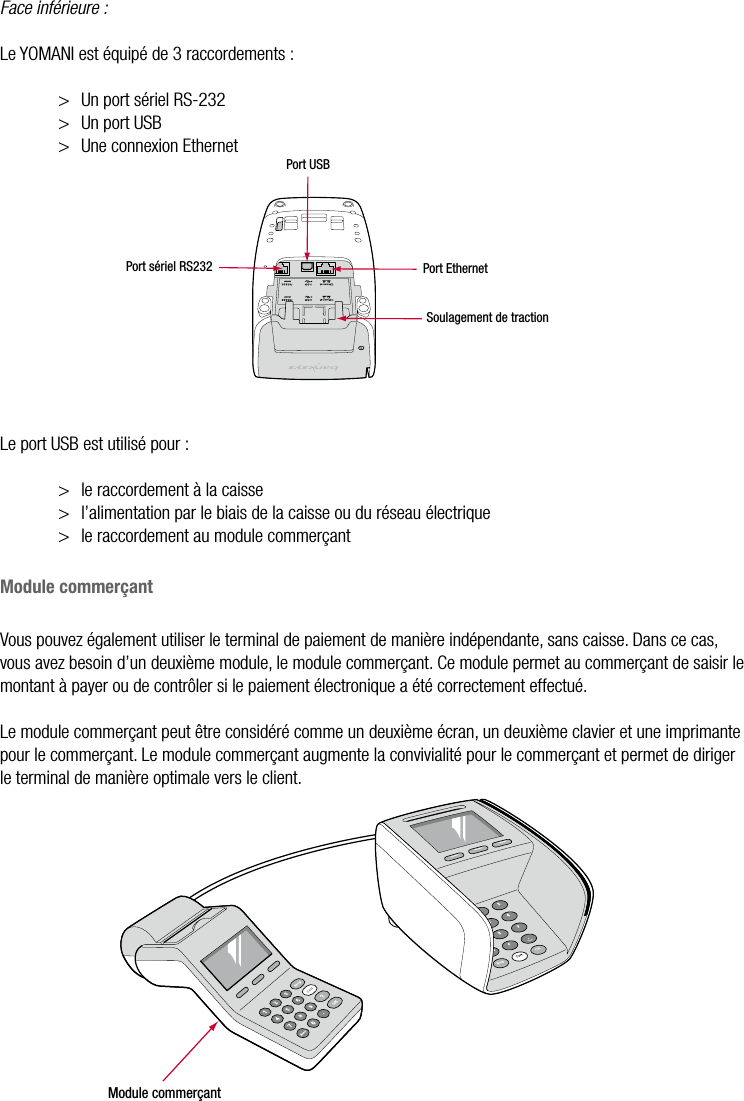  ATOS WORLDLINE SA • YOMANI DESCRIPTION DU PRODUIT  •  7Face inférieure :Le YOMANI est équipé de 3 raccordements :&gt;  Un port sériel RS-232&gt;  Un port USB&gt;  Une connexion Ethernet                            Port USBPort EthernetSoulagement de tractionPort sériel RS232Le port USB est utilisé pour :&gt;  le raccordement à la caisse&gt;  l’alimentation par le biais de la caisse ou du réseau électrique&gt;  le raccordement au module commerçantModule commerçantVous pouvez également utiliser le terminal de paiement de manière indépendante, sans caisse. Dans ce cas, vous avez besoin d’un deuxième module, le module commerçant. Ce module permet au commerçant de saisir le montant à payer ou de contrôler si le paiement électronique a été correctement effectué.Le module commerçant peut être considéré comme un deuxième écran, un deuxième clavier et une imprimante pour le commerçant. Le module commerçant augmente la convivialité pour le commerçant et permet de diriger le terminal de manière optimale vers le client.                        Module commerçant