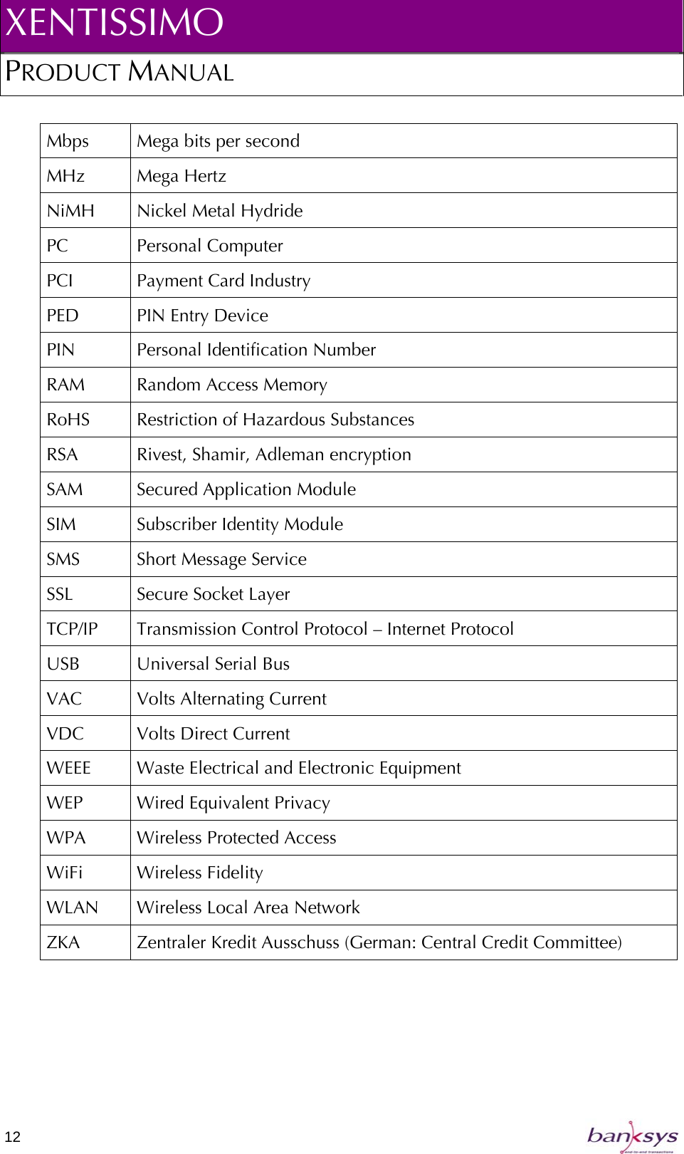 XENTISSIMO PRODUCT MANUAL  Mbps  Mega bits per second  MHz Mega Hertz NiMH  Nickel Metal Hydride PC Personal Computer PCI   Payment Card Industry  PED  PIN Entry Device PIN Personal Identification Number RAM  Random Access Memory RoHS  Restriction of Hazardous Substances RSA  Rivest, Shamir, Adleman encryption  SAM Secured Application Module SIM Subscriber Identity Module SMS  Short Message Service SSL  Secure Socket Layer TCP/IP  Transmission Control Protocol – Internet Protocol USB  Universal Serial Bus VAC  Volts Alternating Current VDC  Volts Direct Current WEEE  Waste Electrical and Electronic Equipment WEP  Wired Equivalent Privacy WPA  Wireless Protected Access WiFi Wireless Fidelity WLAN  Wireless Local Area Network ZKA  Zentraler Kredit Ausschuss (German: Central Credit Committee) 12   
