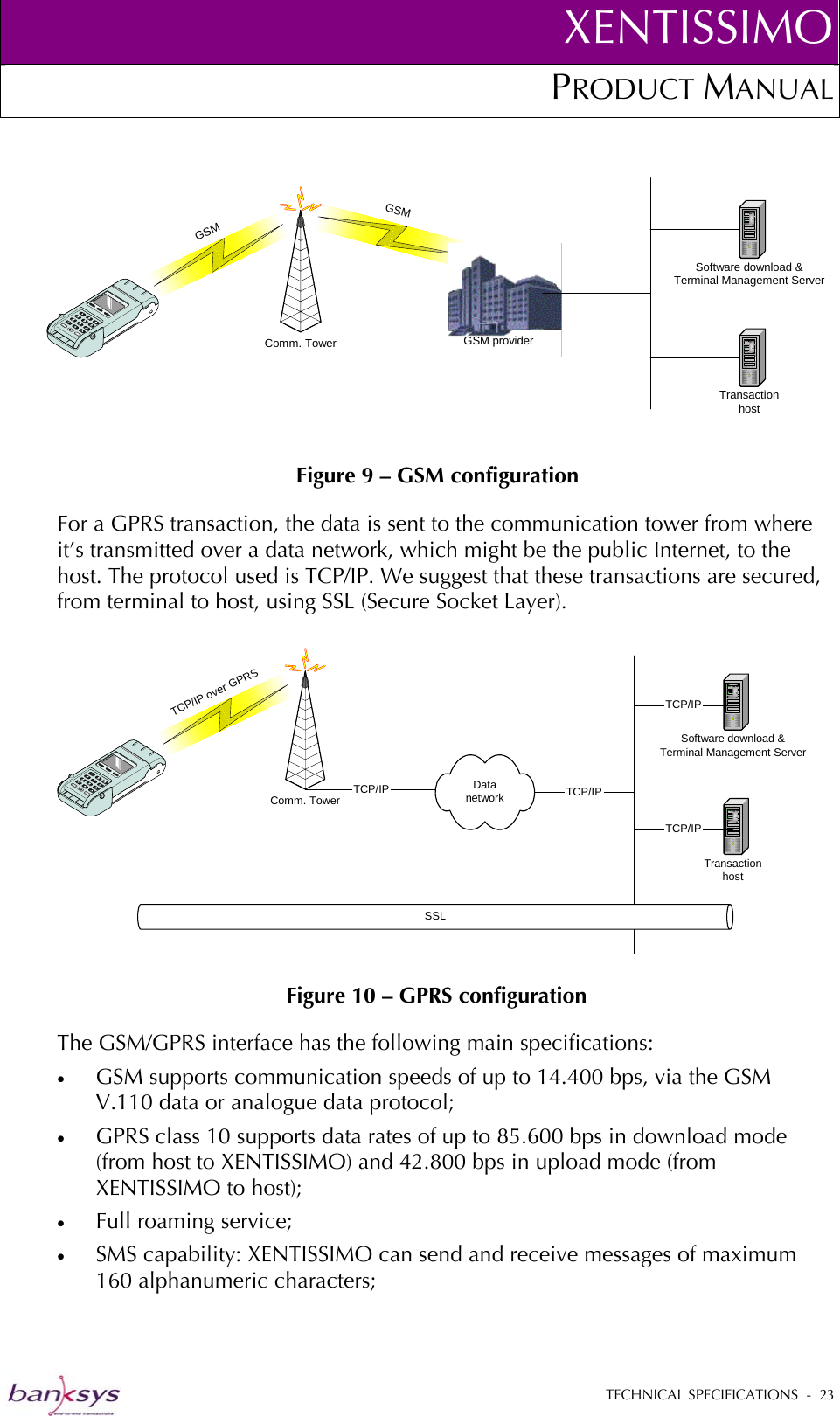 XENTISSIMOPRODUCT MANUAL  GSMGSMComm. TowerSoftware download &amp;Terminal Management ServerTransactionhostGSM provider Figure 9 – GSM configuration For a GPRS transaction, the data is sent to the communication tower from where it’s transmitted over a data network, which might be the public Internet, to the host. The protocol used is TCP/IP. We suggest that these transactions are secured, from terminal to host, using SSL (Secure Socket Layer).   Figure 10 – GPRS configuration TCP/IP over GPRSComm. TowerDatanetworkTCP/IPSoftware download &amp;Terminal Management ServerTransactionhostTCP/IPTCP/IPTCP/IPSSLThe GSM/GPRS interface has the following main specifications: •  GSM supports communication speeds of up to 14.400 bps, via the GSM V.110 data or analogue data protocol;  •  GPRS class 10 supports data rates of up to 85.600 bps in download mode (from host to XENTISSIMO) and 42.800 bps in upload mode (from XENTISSIMO to host); •  Full roaming service; •  SMS capability: XENTISSIMO can send and receive messages of maximum 160 alphanumeric characters;  TECHNICAL SPECIFICATIONS  -  23  