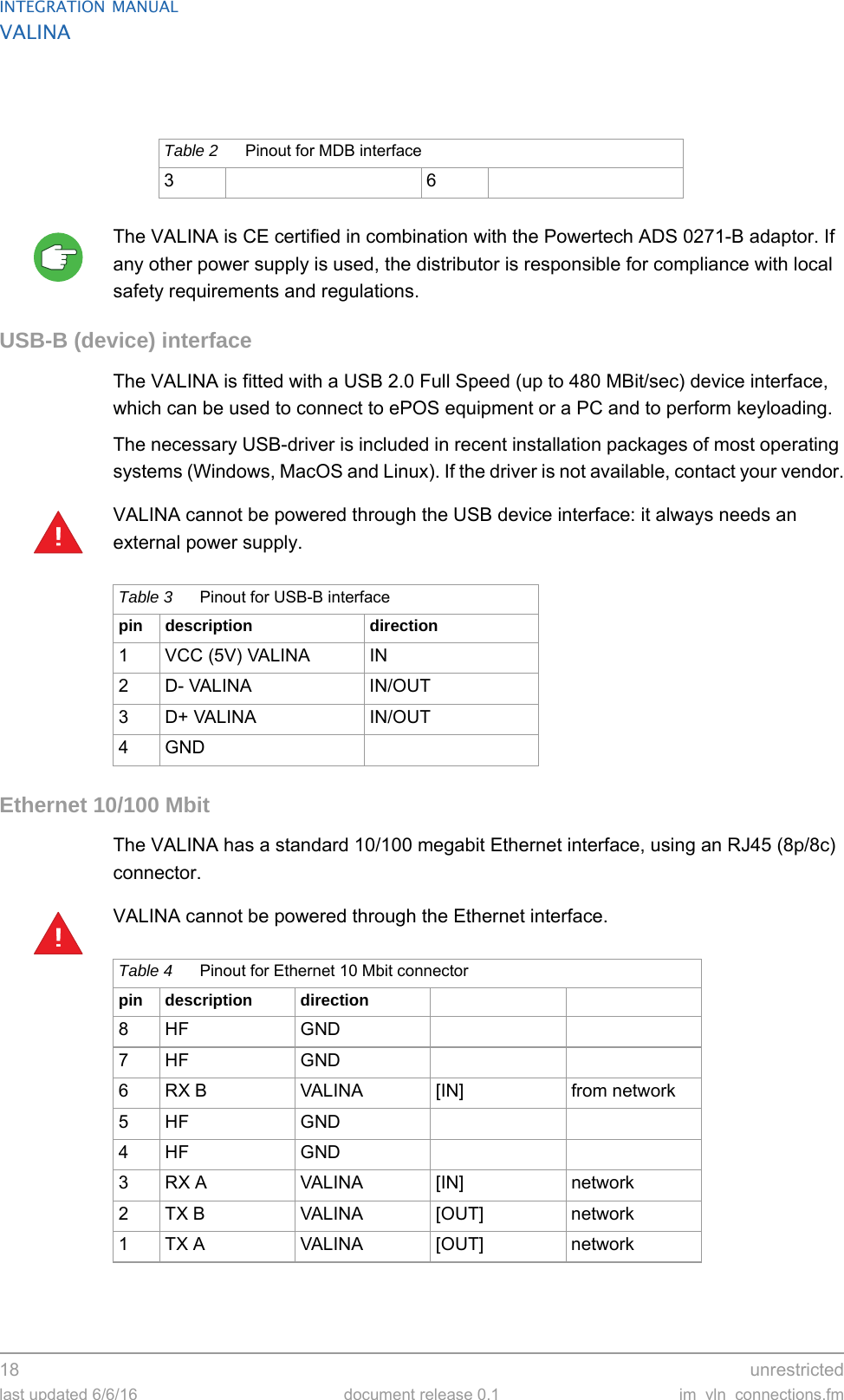 INTEGRATION MANUALVALINA18  unrestrictedlast updated 6/6/16 document release 0.1 im_vln_connections.fmThe VALINA is CE certified in combination with the Powertech ADS 0271-B adaptor. If any other power supply is used, the distributor is responsible for compliance with local safety requirements and regulations.USB-B (device) interfaceThe VALINA is fitted with a USB 2.0 Full Speed (up to 480 MBit/sec) device interface, which can be used to connect to ePOS equipment or a PC and to perform keyloading.The necessary USB-driver is included in recent installation packages of most operating systems (Windows, MacOS and Linux). If the driver is not available, contact your vendor.VALINA cannot be powered through the USB device interface: it always needs an external power supply.Ethernet 10/100 MbitThe VALINA has a standard 10/100 megabit Ethernet interface, using an RJ45 (8p/8c) connector.VALINA cannot be powered through the Ethernet interface.36Table 2 Pinout for MDB interface!Table 3 Pinout for USB-B interface   pin description direction1 VCC (5V) VALINA IN2 D- VALINA IN/OUT3 D+ VALINA IN/OUT4GND!Table 4 Pinout for Ethernet 10 Mbit connectorpin description direction8HF GND7HF GND6 RX B VALINA [IN] from network5HF GND4HF GND3 RX A VALINA [IN] network2 TX B VALINA [OUT] network1 TX A VALINA [OUT] network