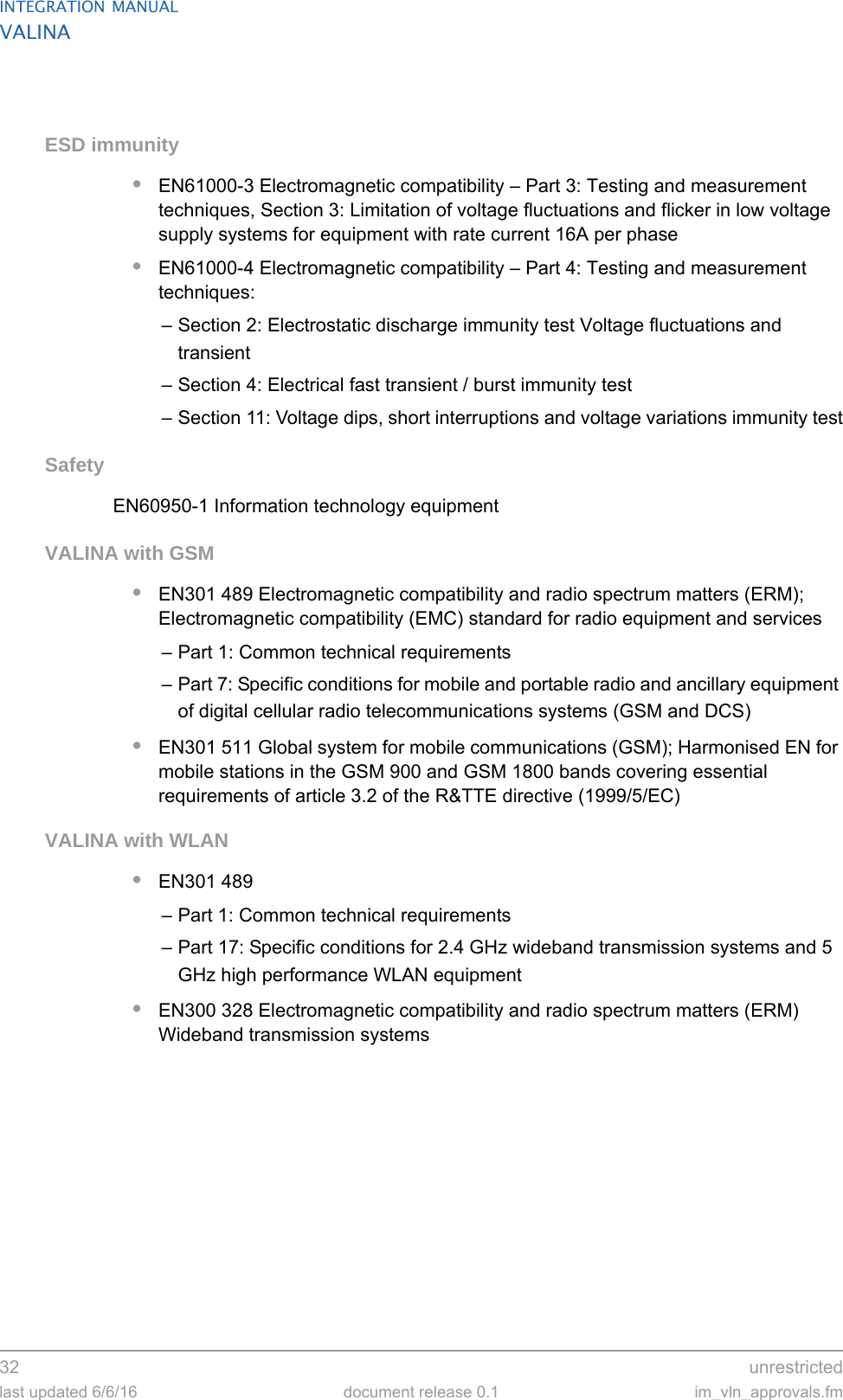 INTEGRATION MANUALVALINA32  unrestrictedlast updated 6/6/16 document release 0.1 im_vln_approvals.fmESD immunity•EN61000-3 Electromagnetic compatibility – Part 3: Testing and measurement techniques, Section 3: Limitation of voltage fluctuations and flicker in low voltage supply systems for equipment with rate current 16A per phase•EN61000-4 Electromagnetic compatibility – Part 4: Testing and measurement techniques:– Section 2: Electrostatic discharge immunity test Voltage fluctuations and transient– Section 4: Electrical fast transient / burst immunity test– Section 11: Voltage dips, short interruptions and voltage variations immunity testSafetyEN60950-1 Information technology equipmentVALINA with GSM•EN301 489 Electromagnetic compatibility and radio spectrum matters (ERM); Electromagnetic compatibility (EMC) standard for radio equipment and services– Part 1: Common technical requirements– Part 7: Specific conditions for mobile and portable radio and ancillary equipment of digital cellular radio telecommunications systems (GSM and DCS)•EN301 511 Global system for mobile communications (GSM); Harmonised EN for mobile stations in the GSM 900 and GSM 1800 bands covering essential requirements of article 3.2 of the R&amp;TTE directive (1999/5/EC)VALINA with WLAN•EN301 489– Part 1: Common technical requirements– Part 17: Specific conditions for 2.4 GHz wideband transmission systems and 5 GHz high performance WLAN equipment•EN300 328 Electromagnetic compatibility and radio spectrum matters (ERM) Wideband transmission systems