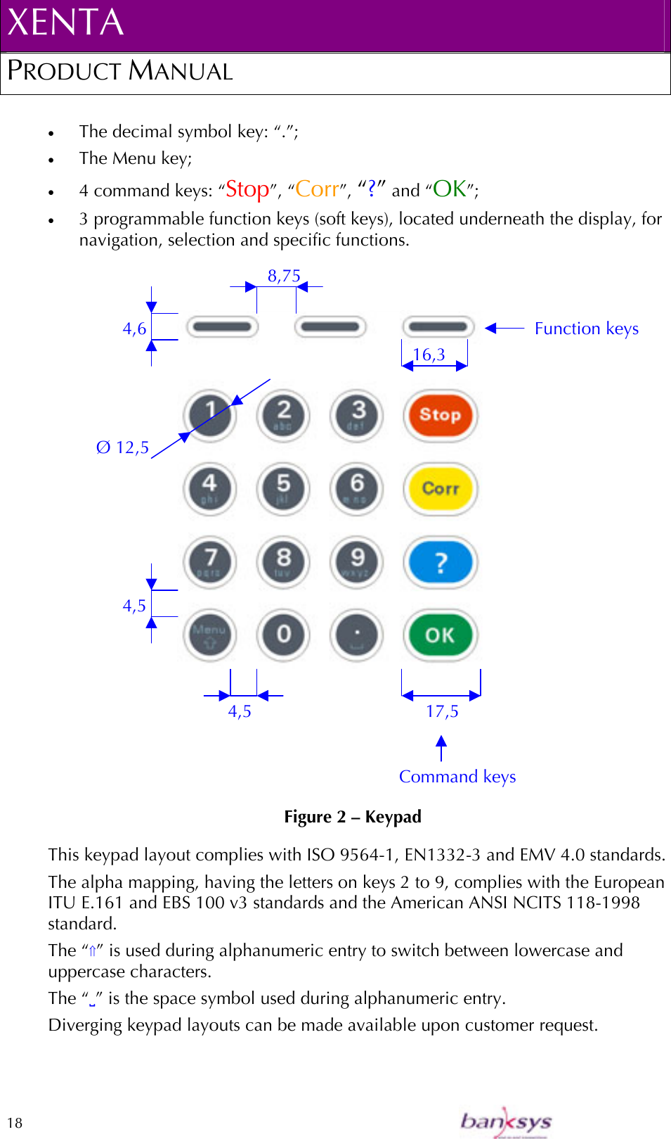 XENTA PRODUCT MANUAL  18    •  The decimal symbol key: “.”; •  The Menu key; •  4 command keys: “Stop”, “Corr”, “?” and “OK”; •  3 programmable function keys (soft keys), located underneath the display, for navigation, selection and specific functions.   Figure 2 – Keypad This keypad layout complies with ISO 9564-1, EN1332-3 and EMV 4.0 standards.  The alpha mapping, having the letters on keys 2 to 9, complies with the European ITU E.161 and EBS 100 v3 standards and the American ANSI NCITS 118-1998 standard. The “⇑” is used during alphanumeric entry to switch between lowercase and uppercase characters. The “9” is the space symbol used during alphanumeric entry. Diverging keypad layouts can be made available upon customer request. Function keys Command keys Ø 12,5 4,5 4,5  17,5 4,6 8,75 16,3 