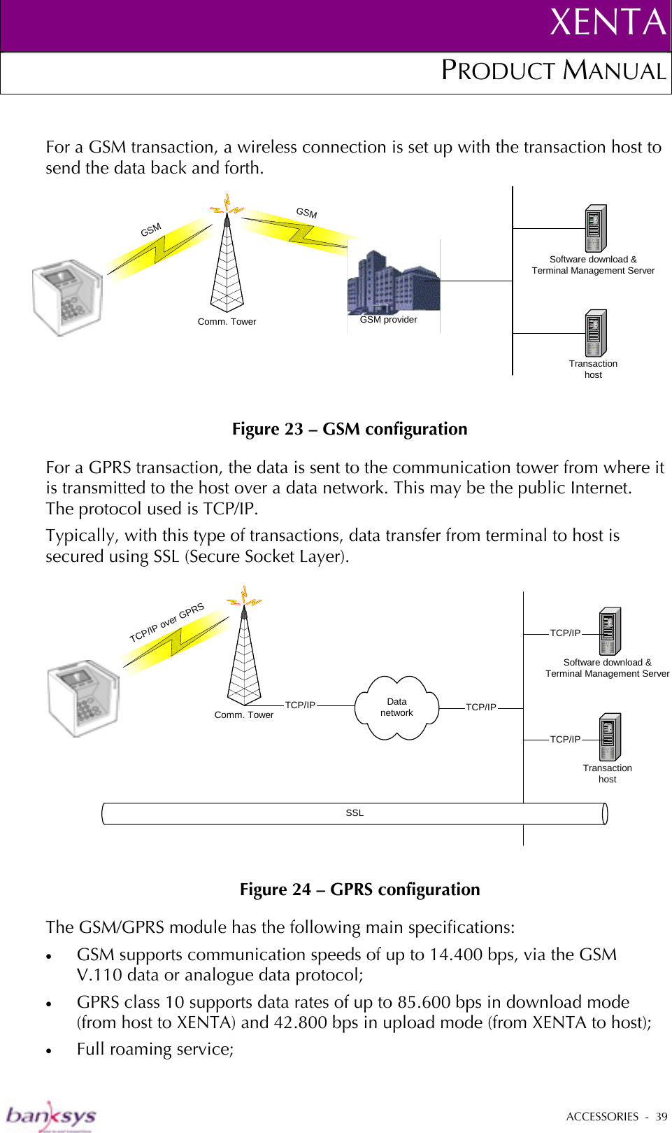 XENTAPRODUCT MANUAL   ACCESSORIES  -  39   For a GSM transaction, a wireless connection is set up with the transaction host to send the data back and forth.  Figure 23 – GSM configuration For a GPRS transaction, the data is sent to the communication tower from where it is transmitted to the host over a data network. This may be the public Internet. The protocol used is TCP/IP.  Typically, with this type of transactions, data transfer from terminal to host is secured using SSL (Secure Socket Layer).   Figure 24 – GPRS configuration The GSM/GPRS module has the following main specifications: •  GSM supports communication speeds of up to 14.400 bps, via the GSM V.110 data or analogue data protocol;  •  GPRS class 10 supports data rates of up to 85.600 bps in download mode (from host to XENTA) and 42.800 bps in upload mode (from XENTA to host); •  Full roaming service; GSMGSMComm. TowerSoftware download &amp;Terminal Management ServerTransactionhostGSM provider TCP/IP over GPRSComm. TowerDatanetworkTCP/IPSoftware download &amp;Terminal Management ServerTransactionhostTCP/IPTCP/IPTCP/IPSSL 